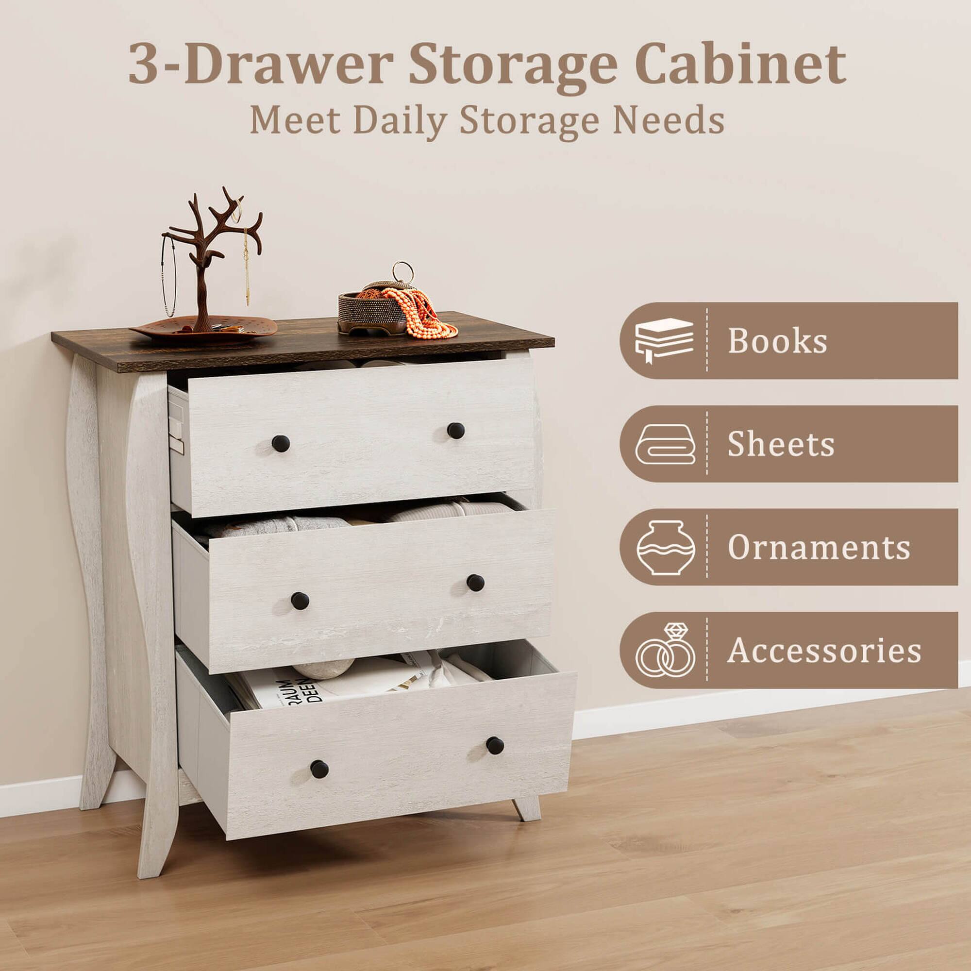 3-Drawer Storage Cabinet  
Meet Daily Storage Needs  

Books  
Sheets  
Ornaments  
Accessories