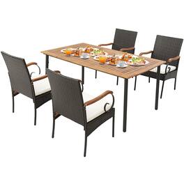 Gymax - 5PCS Wicker Dining Set Cushion Armchairs Acacia Wood Table w/ Umbrella Hole Patio - Black, Brown