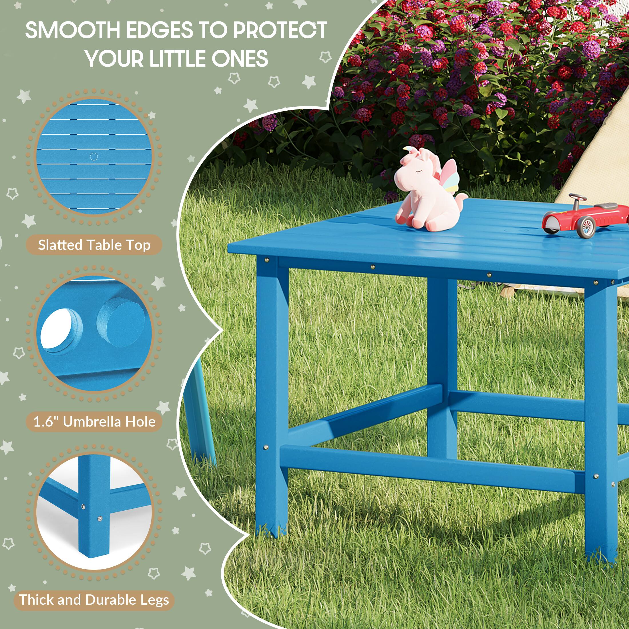 SMOOTH EDGES TO PROTECT YOUR LITTLE ONES

Slatted Table Top

1.6" Umbrella Hole

Thick and Durable Legs