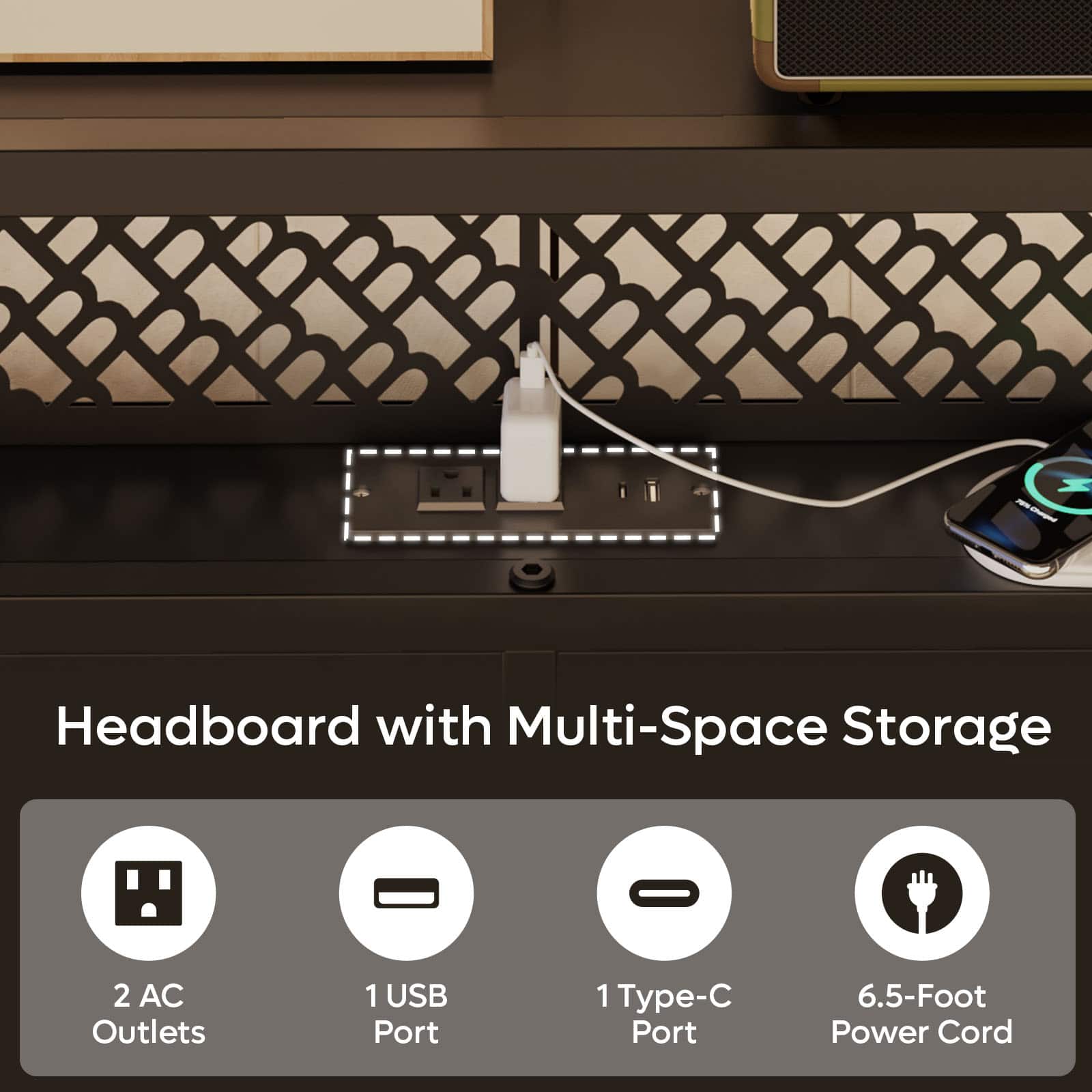 Headboard with Multi-Space Storage, 2 AC Outlets, 1 USB Port, 1 Type-C Port, 6.5-Foot Power Cord.