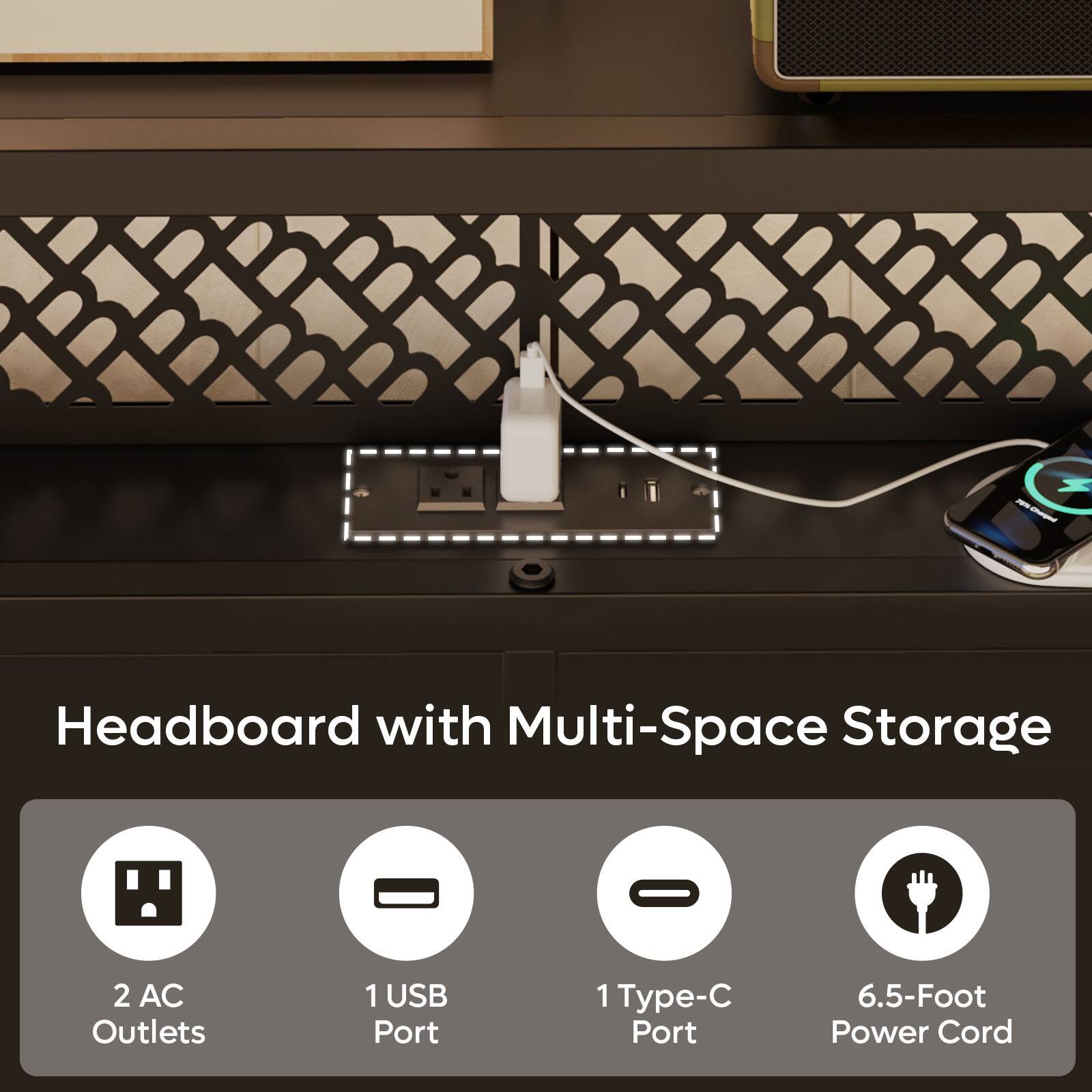 Headboard with Multi-Space Storage, 2 AC Outlets, 1 USB Port, 1 Type-C Port, 6.5-Foot Power Cord.