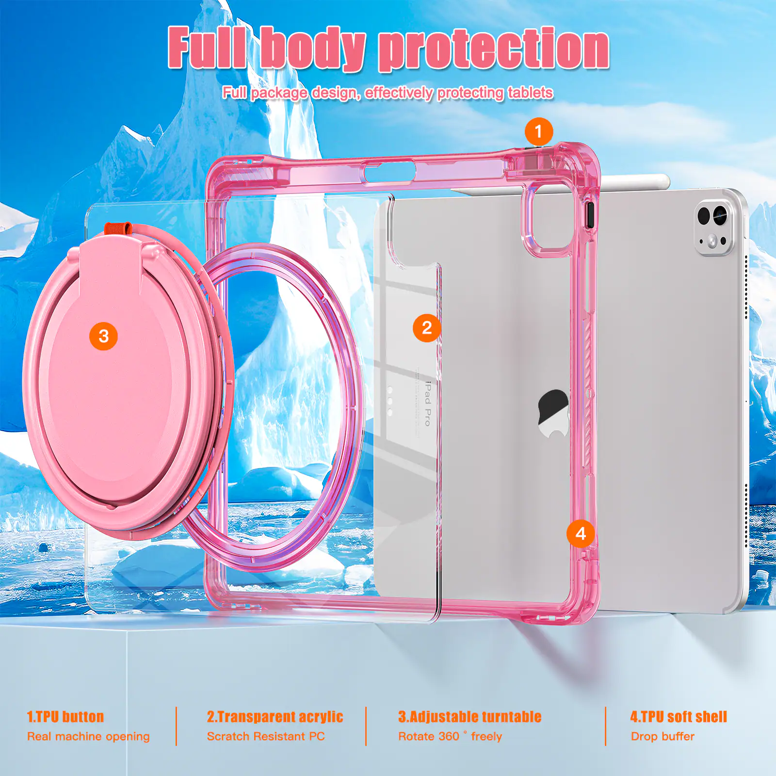 Full body protection  
Full package design, effectively protecting tablets  

1. TPU button  
Real machine opening  

2. Transparent acrylic  
Scratch Resistant PC  

3. Adjustable turntable  
Rotate 360° freely  

4. TPU soft shell  
Drop buffer