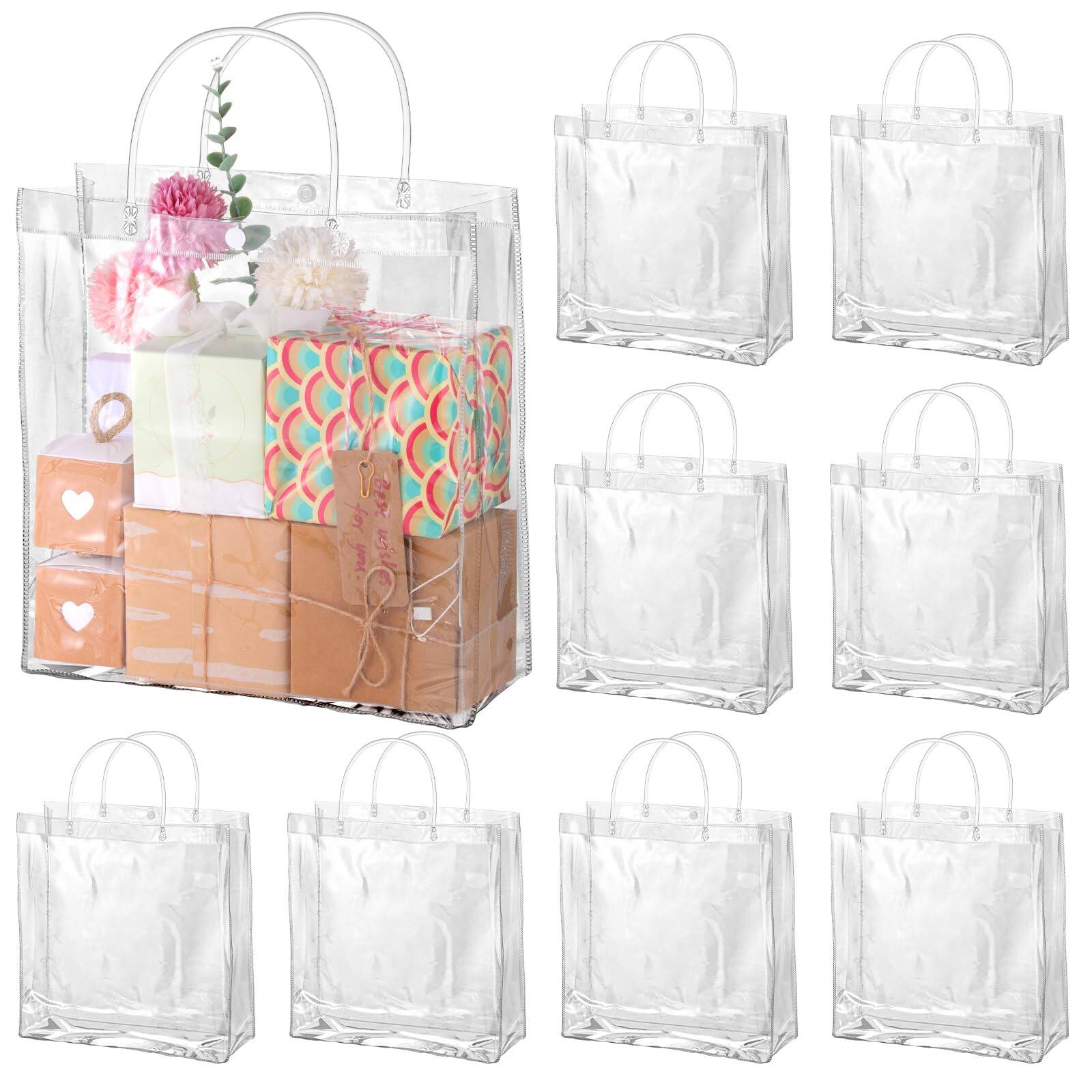 Paradigms Interiors - 11" X 4" Clear Gift Bags With Handle Large Plastic Wrap Tote Bag Reusable For Gifts Wedding Party Favors - Clear 11x11x4 inches