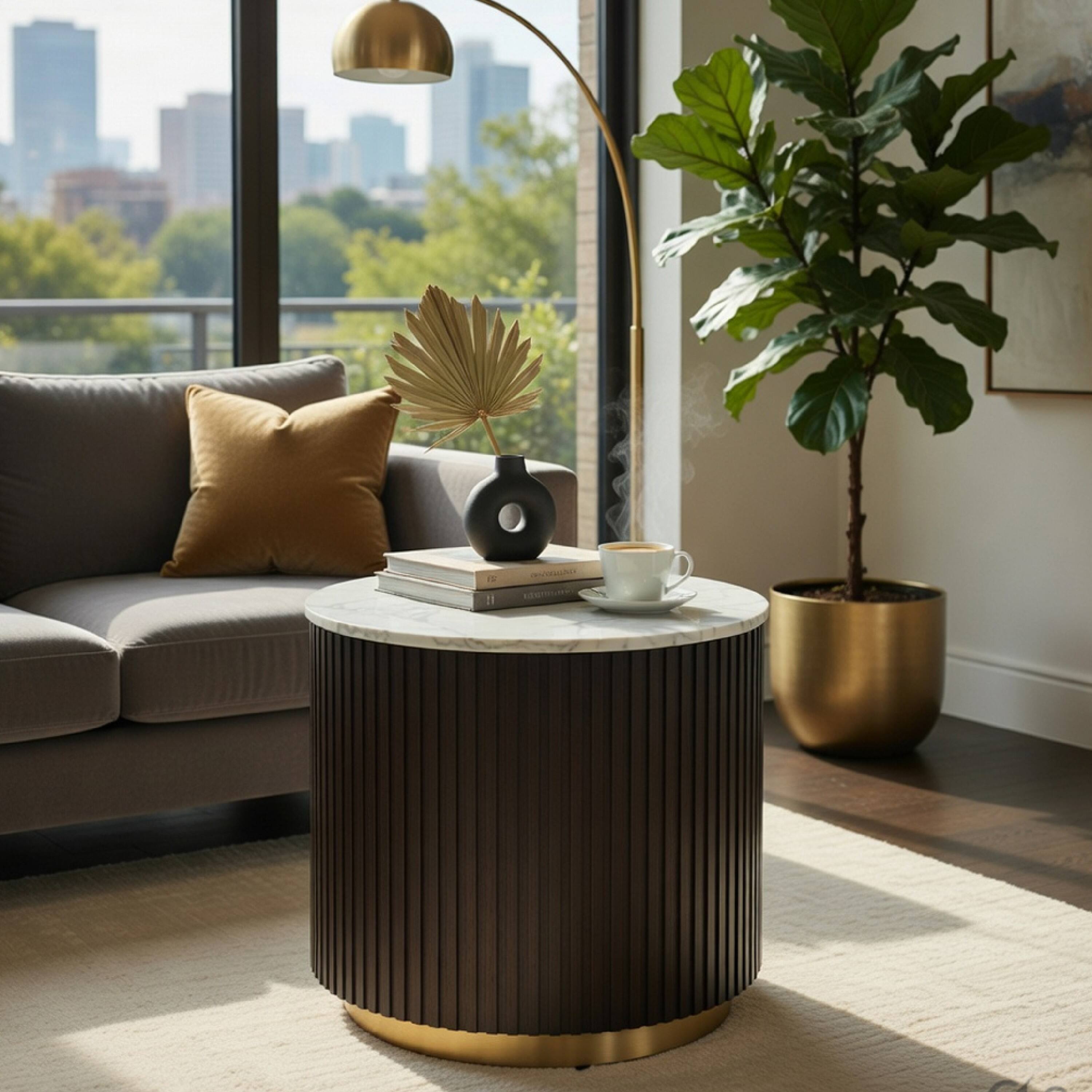 Alt View 7. Manhattan Lane - Jeh Side End Table, Faux Marble Top, Metal Trim, Fluted Brown Wood 20 Inch - White, Espresso Brown, Gold.