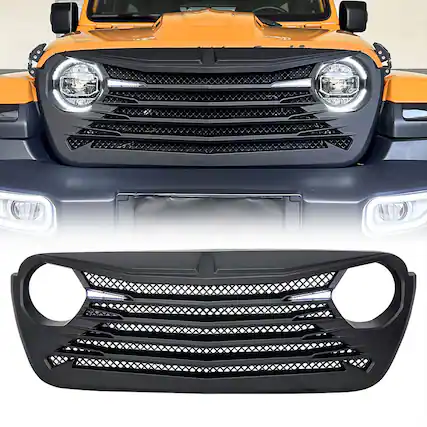 Front. AMERICAN MODIFIED - AMERICAN MODIFIED Tomahawk Front Grille w/DRL for 18-23 Jeep Wrangler/Gladiator - Matte Black.