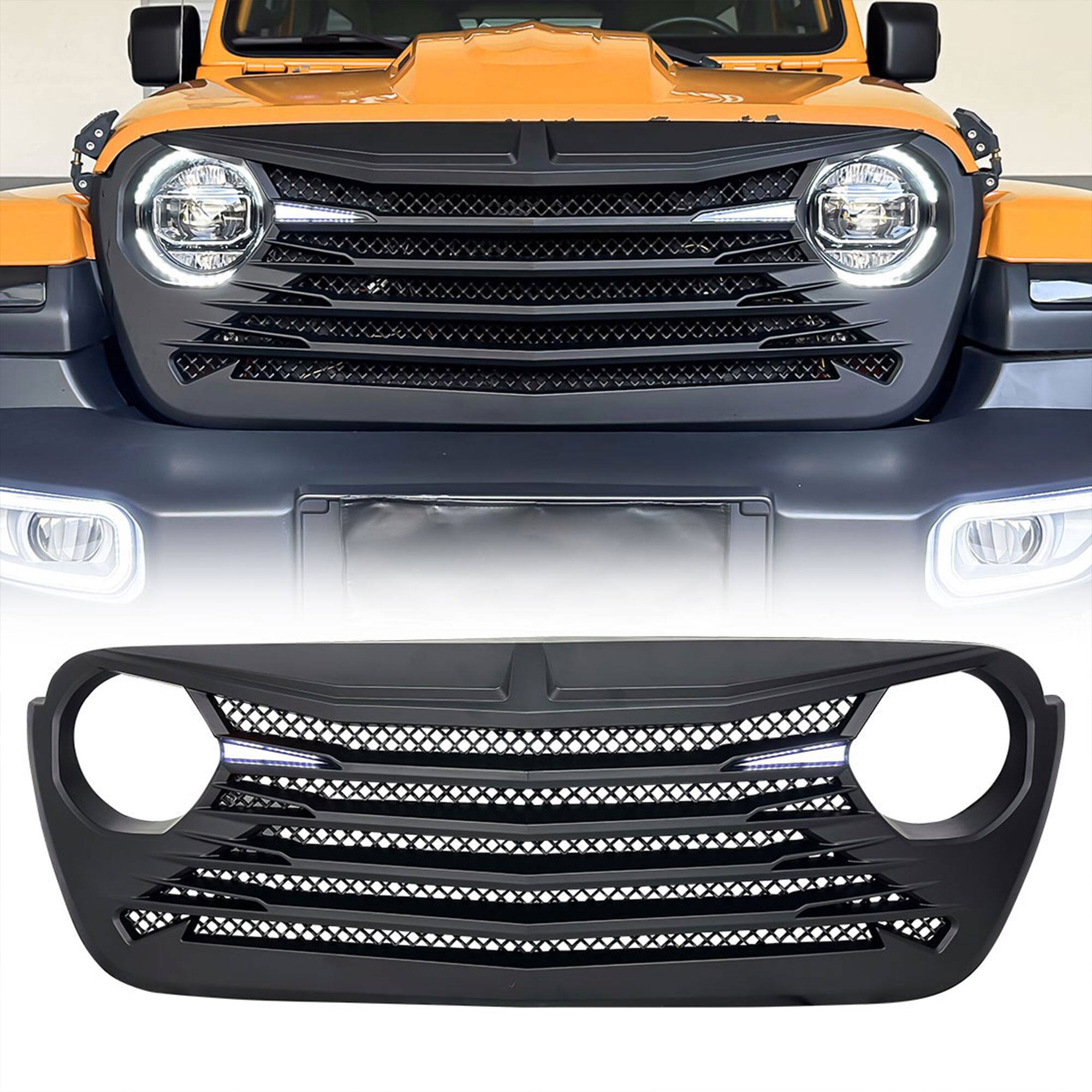 Front. AMERICAN MODIFIED - AMERICAN MODIFIED Tomahawk Front Grille w/DRL for 18-23 Jeep Wrangler/Gladiator - Matte Black.