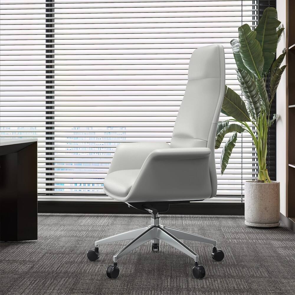 Left. LeisureMod - Summit High-Back Swivel Leather in Metal Frame Office Desk Chair with Adjustable Height, Tilt & Plush Cushion - White.