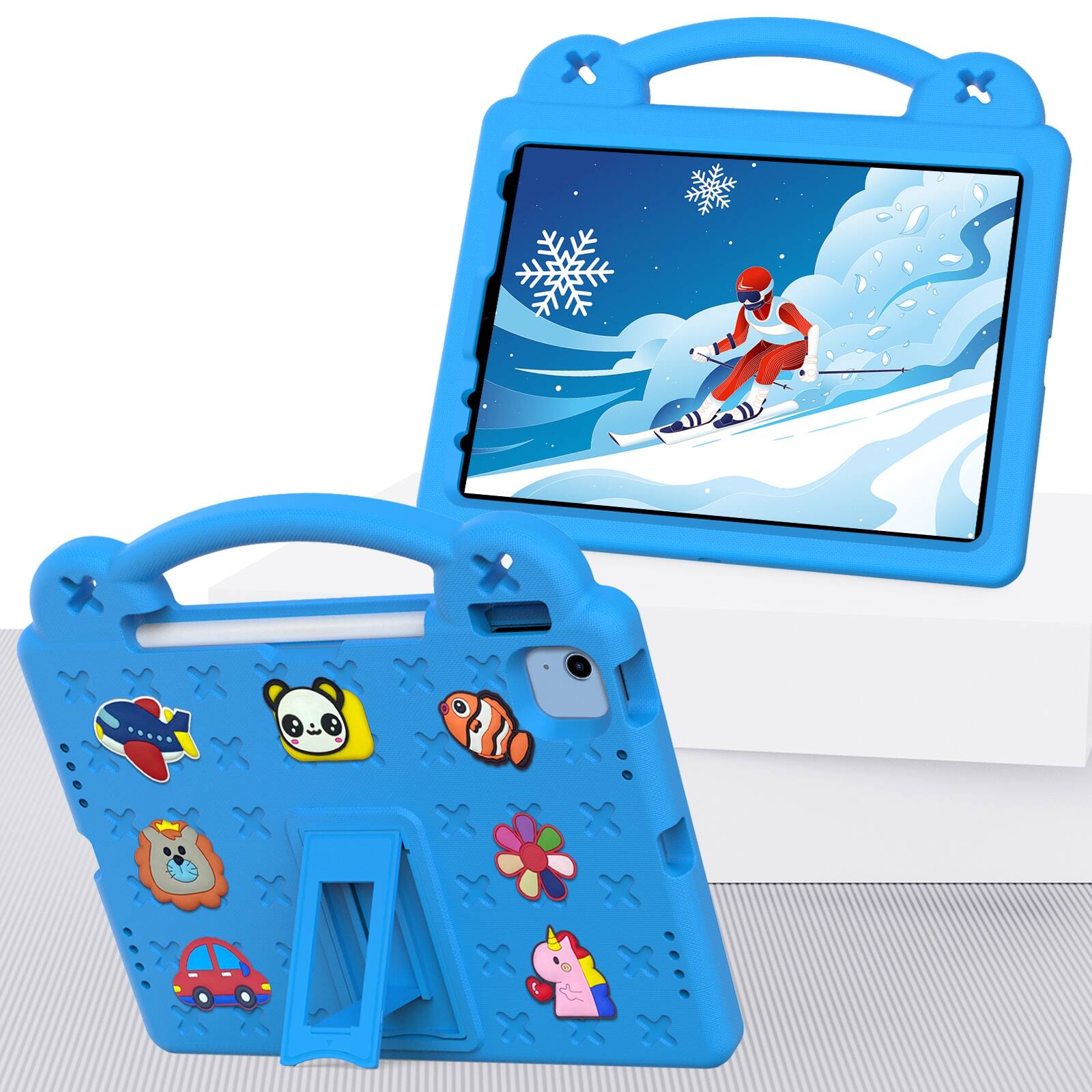 Angle. UUCOVER - Kids Case for iPad (A16) 11-inch 2025 /iPad 10th Gen 10.9" 2022,Shockproof EVA Case Handle Adjustable Stand Cover - Skyblue.