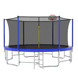HTUTWOO - 16FT Trampoline with Balance Bar & Basketball Hoop & Ball - Outdoor Trampoline with Enclosure Net - Blue