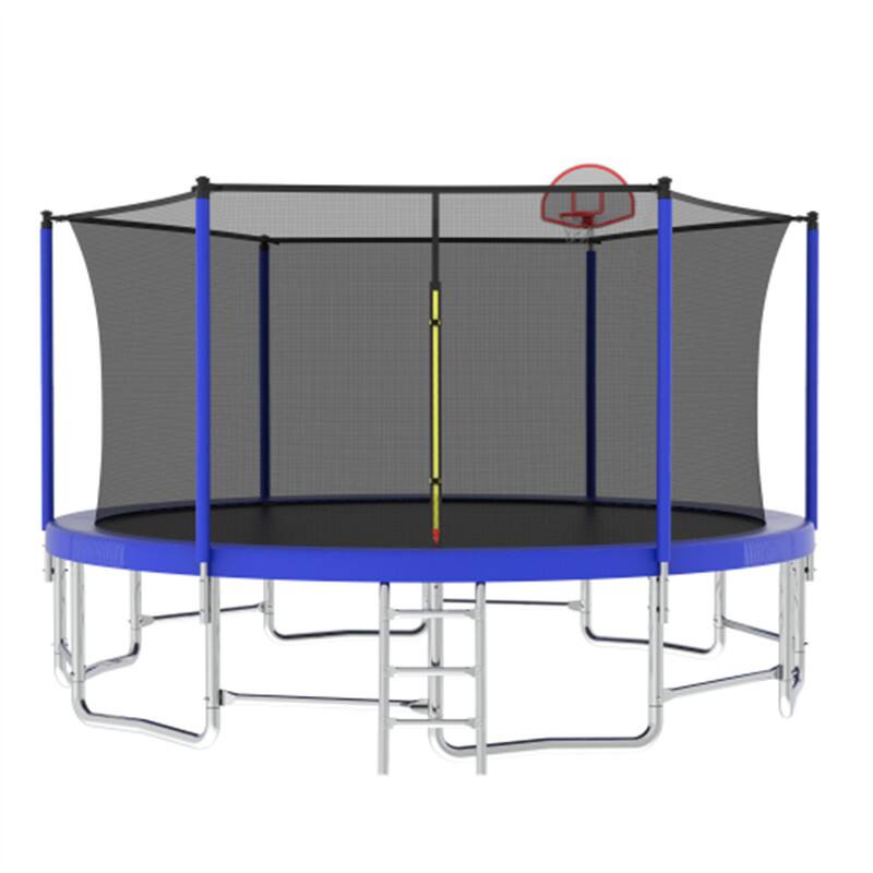 Front. HTUTWOO - 16FT Trampoline with Balance Bar & Basketball Hoop & Ball - Outdoor Trampoline with Enclosure Net - Blue.