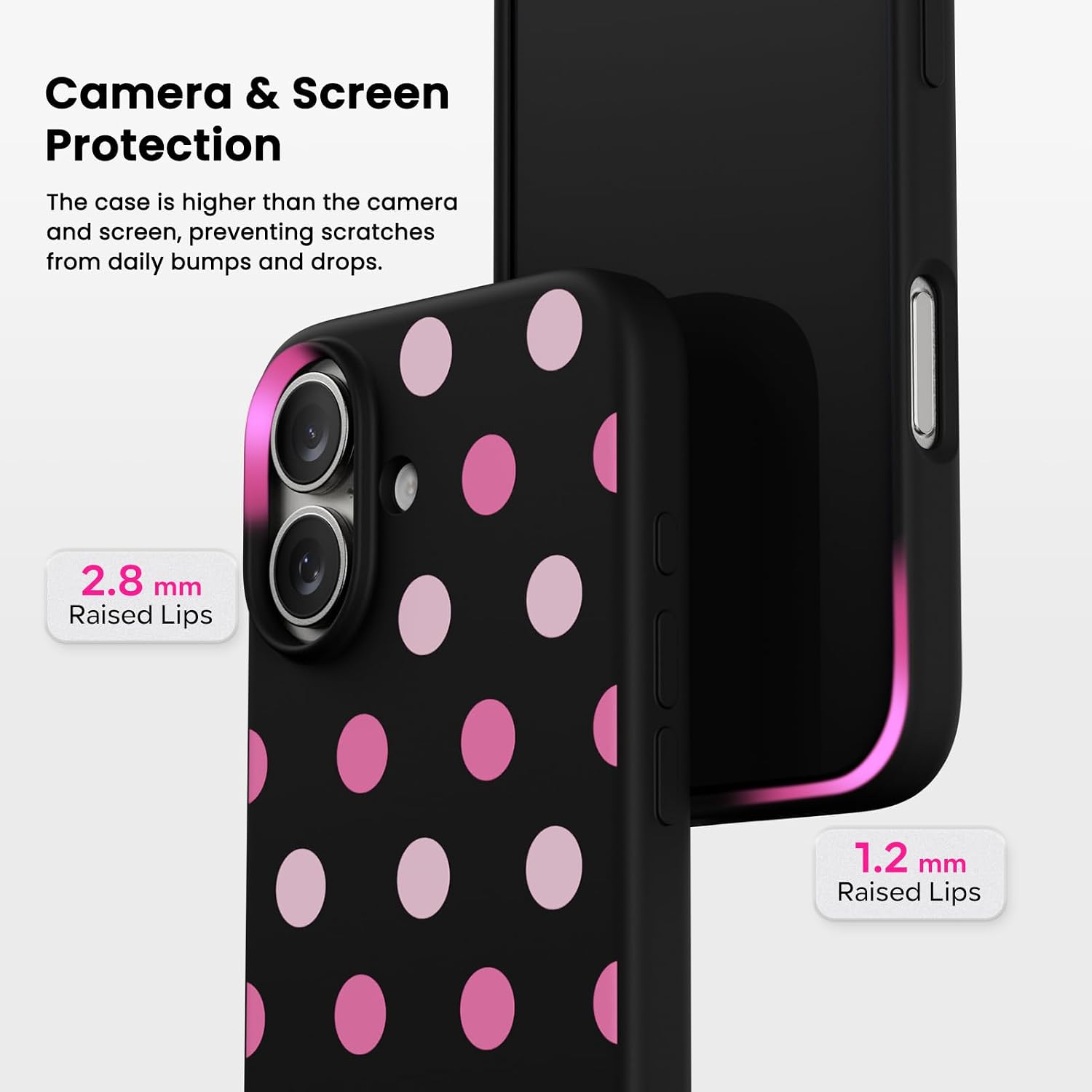 Camera & Screen Protection

The case is higher than the camera and screen, preventing scratches from daily bumps and drops.

2.8 mm Raised Lips

1.2 mm Raised Lips