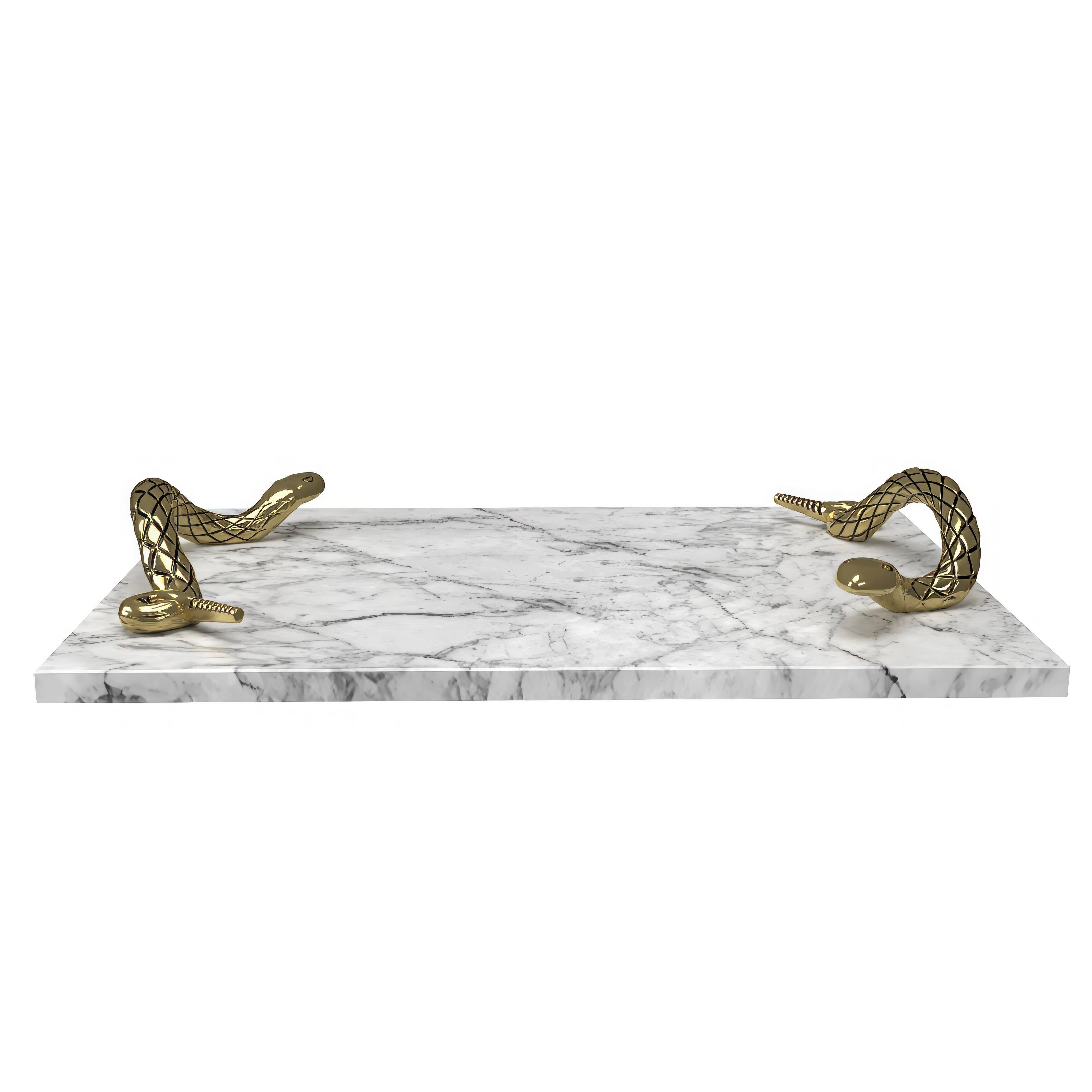 Alt View 1. Manhattan Lane - Mamba White Marble Decorative Serving Tray with Brass Snake Handles - White, Brass.