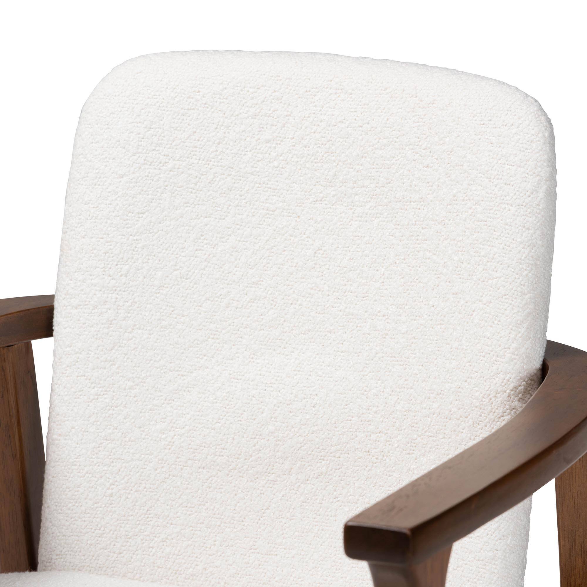 Back. Baxton Studio - Miyagi Boucle Upholstered Dining Chair Set of 2- Mid-Century Modern Armchair with Solid Wood Frame and Rounded Backrest - White/Walnut Brown.