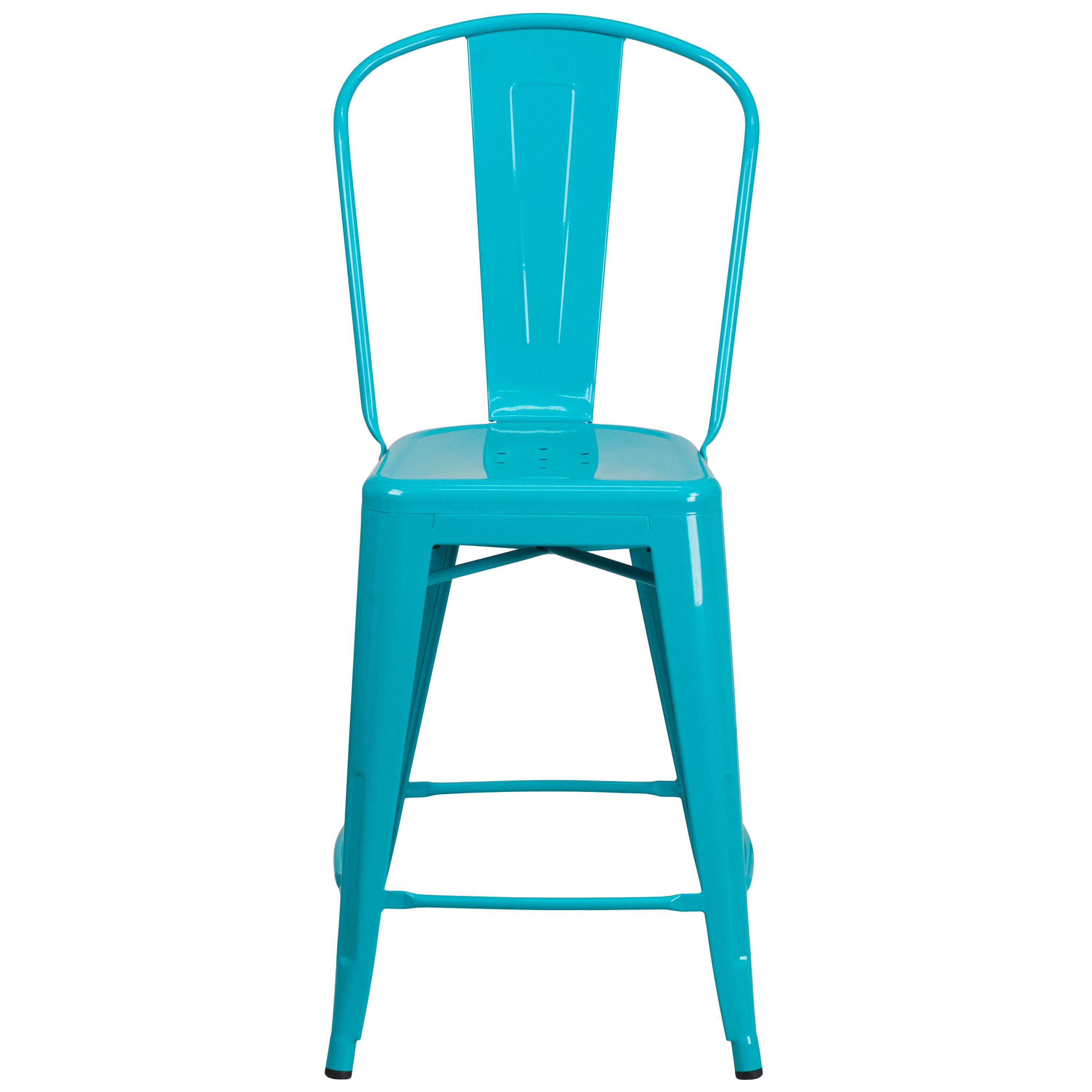 Alt View 7. Emma + Oliver - Commercial Grade 24"H Metal Indoor-Outdoor Counter Stool w/ Drain Holes and Back - Crystal Teal-Blue.
