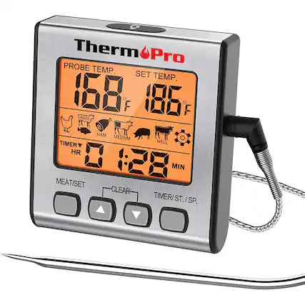 Therm Pro
PROBE TEMP. 168°F
SET TEMP. 186°F
TIMER HR 01:28 MIN
MEAT/SET CLEAR TIMER/ST./SP.