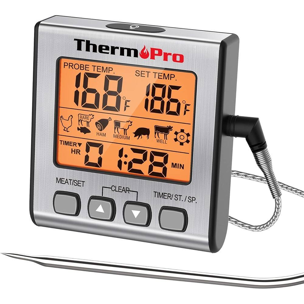 Therm Pro

PROBE TEMP. 168°F  
SET TEMP. 186°F

TIMER HR 01:28 MIN

MEAT/SET CLEAR TIMER/ST./SP.