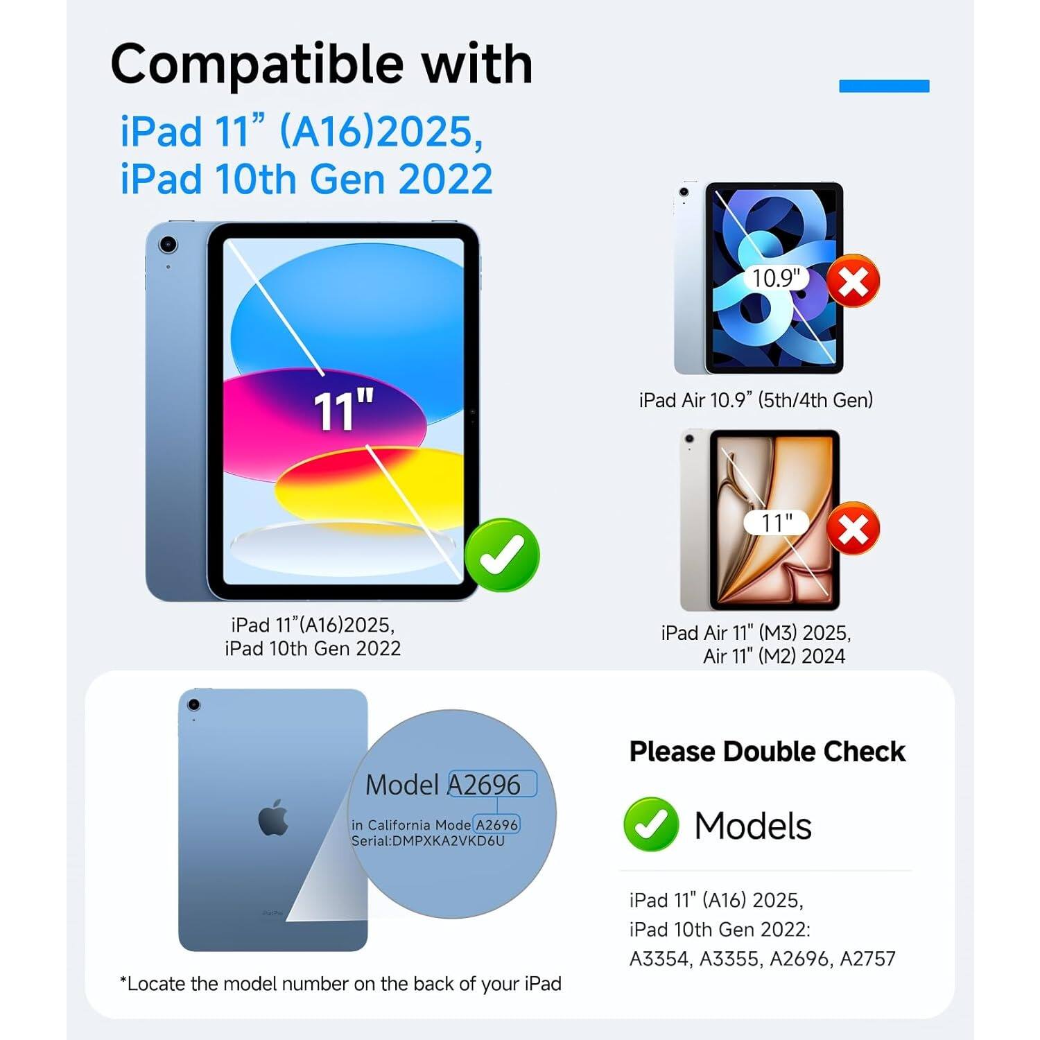 Compatible with iPad 11" (A16)2025, iPad 10th Gen 2022

iPad 10.9" (5th/4th Gen) x

iPad 11" (A16)2025, iPad 10th Gen 2022

iPad Air 11" (M3) 2025, Air 11" (M2) 2024 x

Model A2696 in California Mode A2696 Serial:DMPXKA2VKD6U

Please Double Check Models

*Locate the model number on the back of your iPad

iPad 11" (A16) 2025, iPad 10th Gen 2022: A3354, A3355, A2696, A2757
