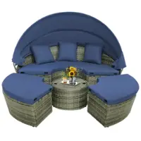 Costway Patio Rattan Daybed Outdoor Sectional Seating with Side Table & Retractable Canopy - Mix Grey/Navy - Front_Zoom