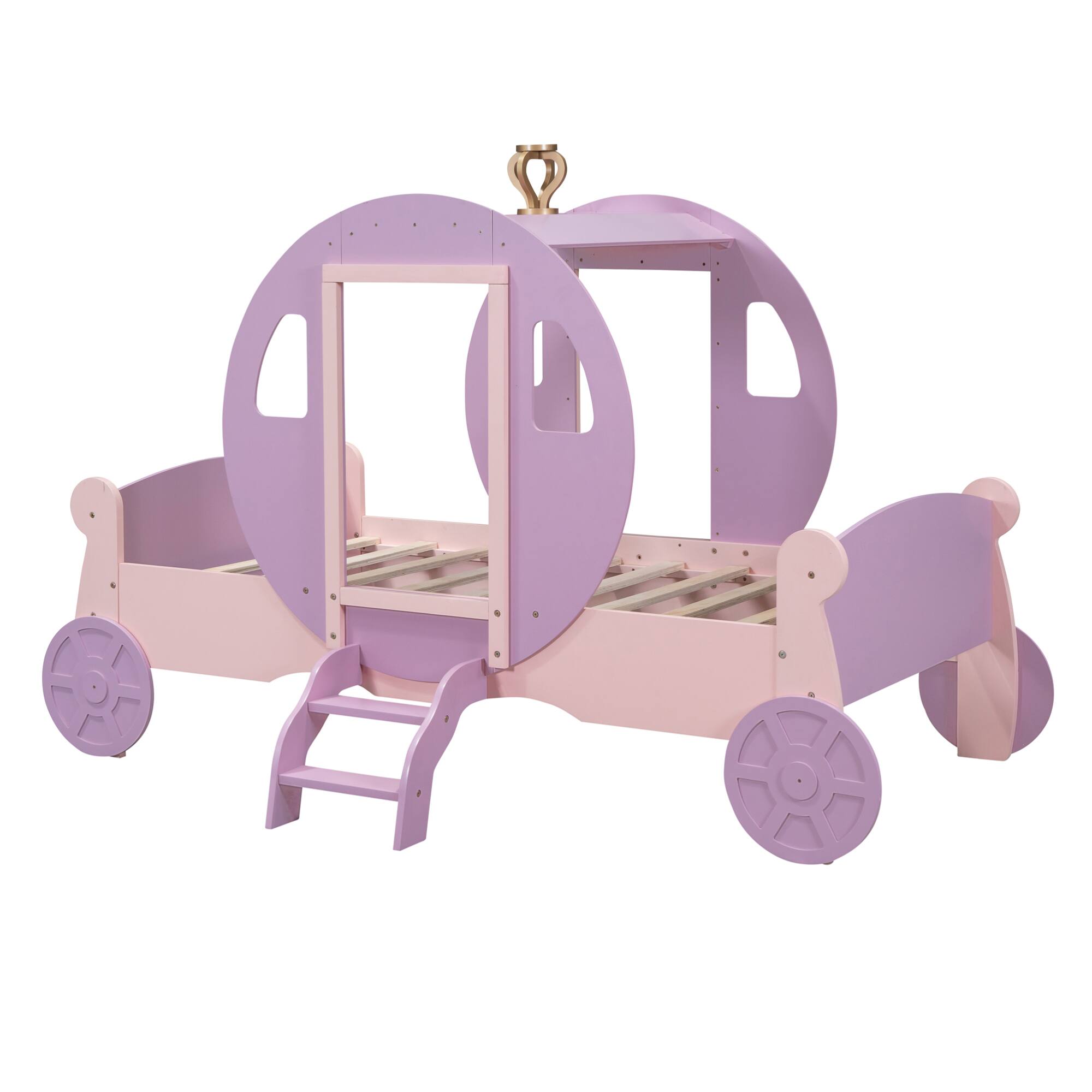 Back. GOODSILO - Twin Size Princess Carriage Bed with Crown and Wood Platform Design Including Staircase - Pink.