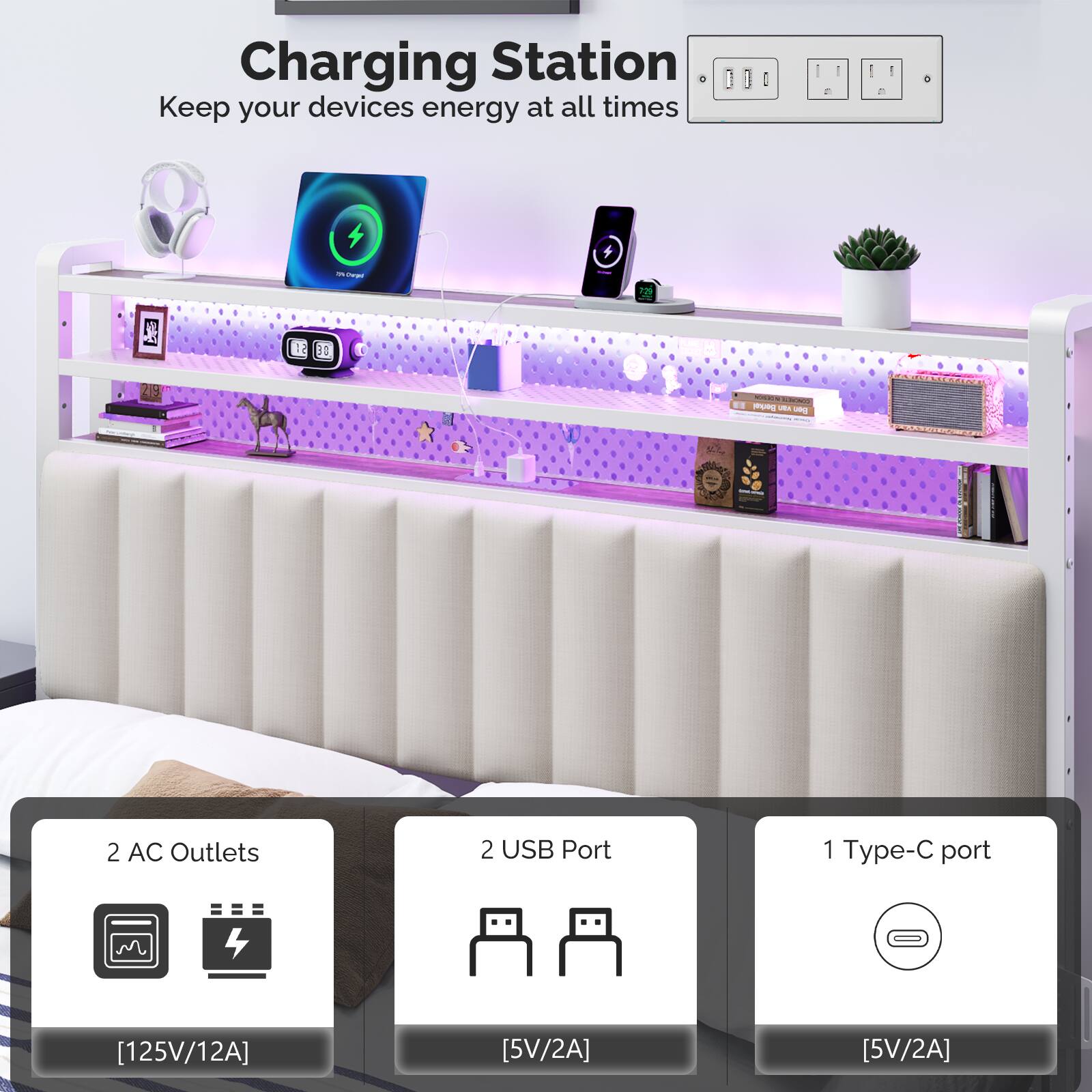 Charging Station  
Keep your devices energy at all times  

- 2 AC Outlets  
- 2 USB Port  
- 1 Type-C port  

[125V/12A]  
[5V/2A]  
[5V/2A]