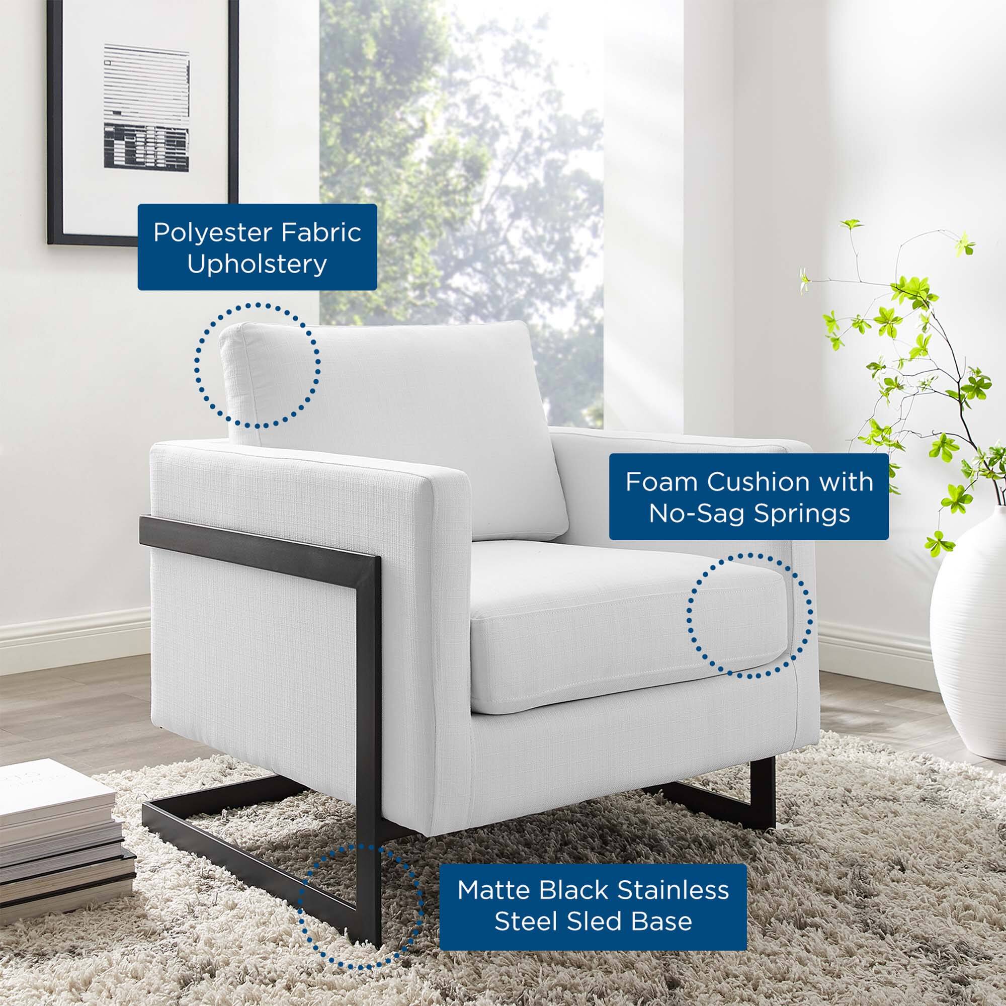 - Polyester Fabric Upholstery
- Foam Cushion with No-Sag Springs
- Matte Black Stainless Steel Sled Base