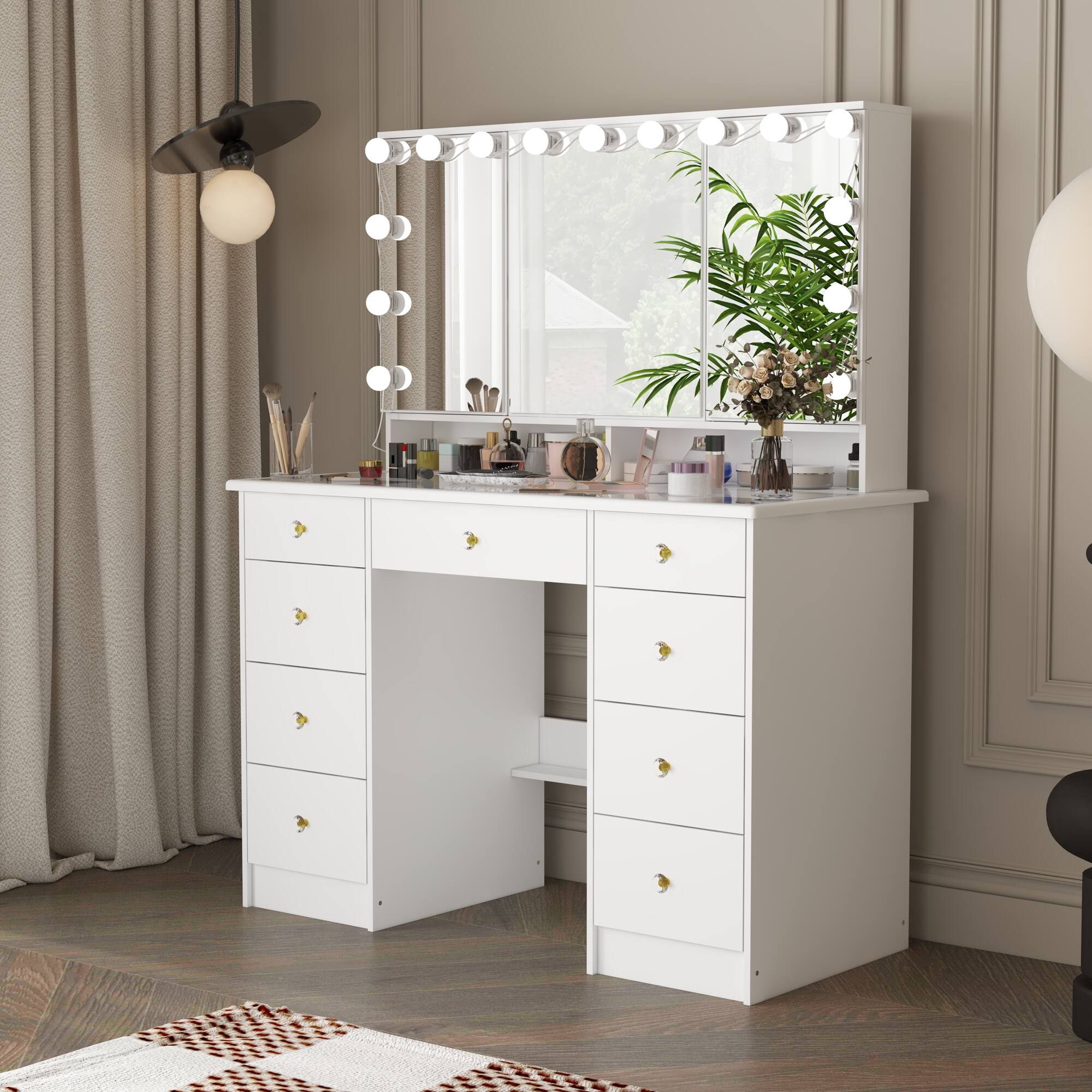 Back. Famapy - Hollywood Tri-Mirror Vanity with Glass Top & Sphere Lights Remote 3-Color Dimmable Lighting Display Cabinet - White.