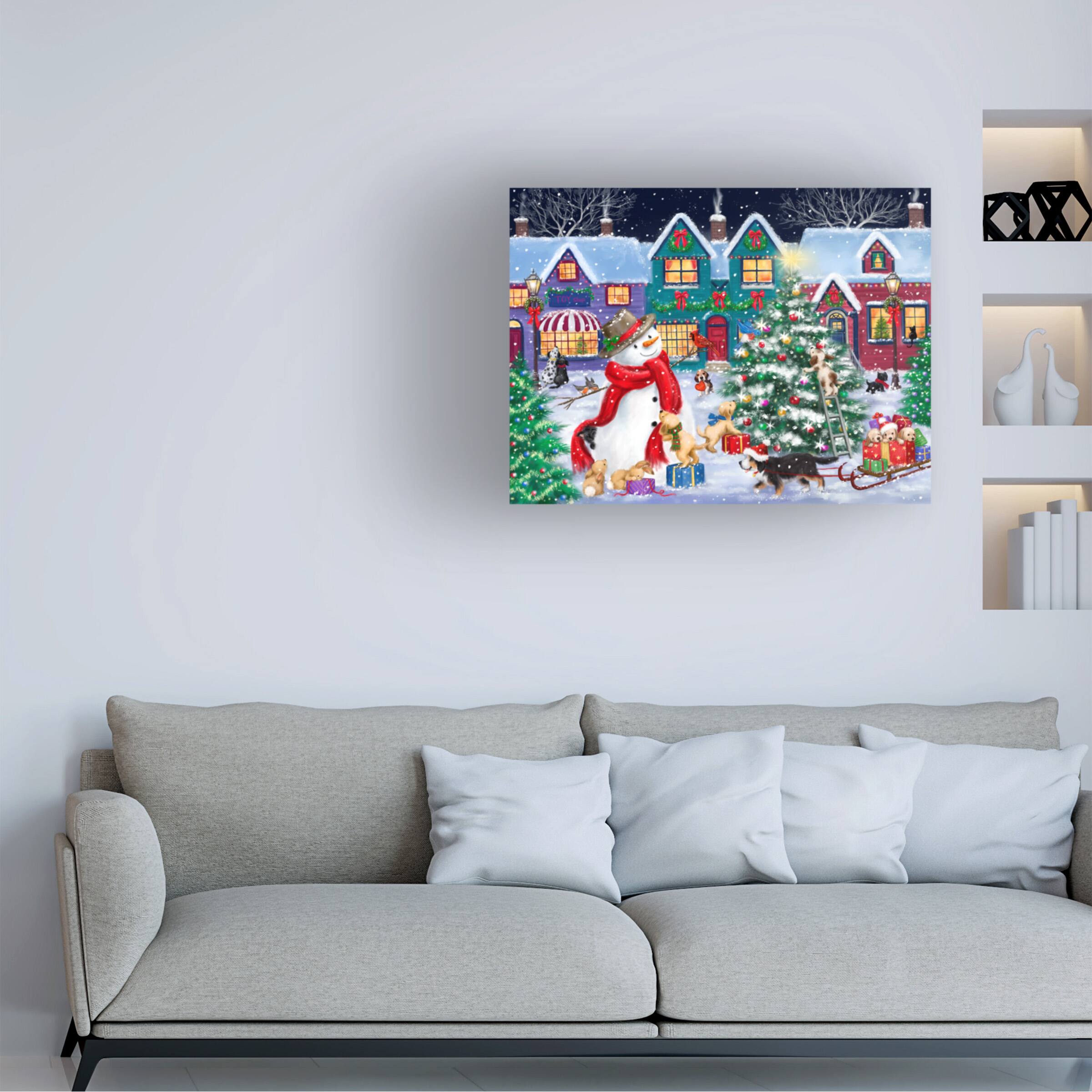 Angle. Trademark Fine Art - MAKIKO Snowman And Dogs Christmas Street Canvas Art - 35x47 - Multicolor.