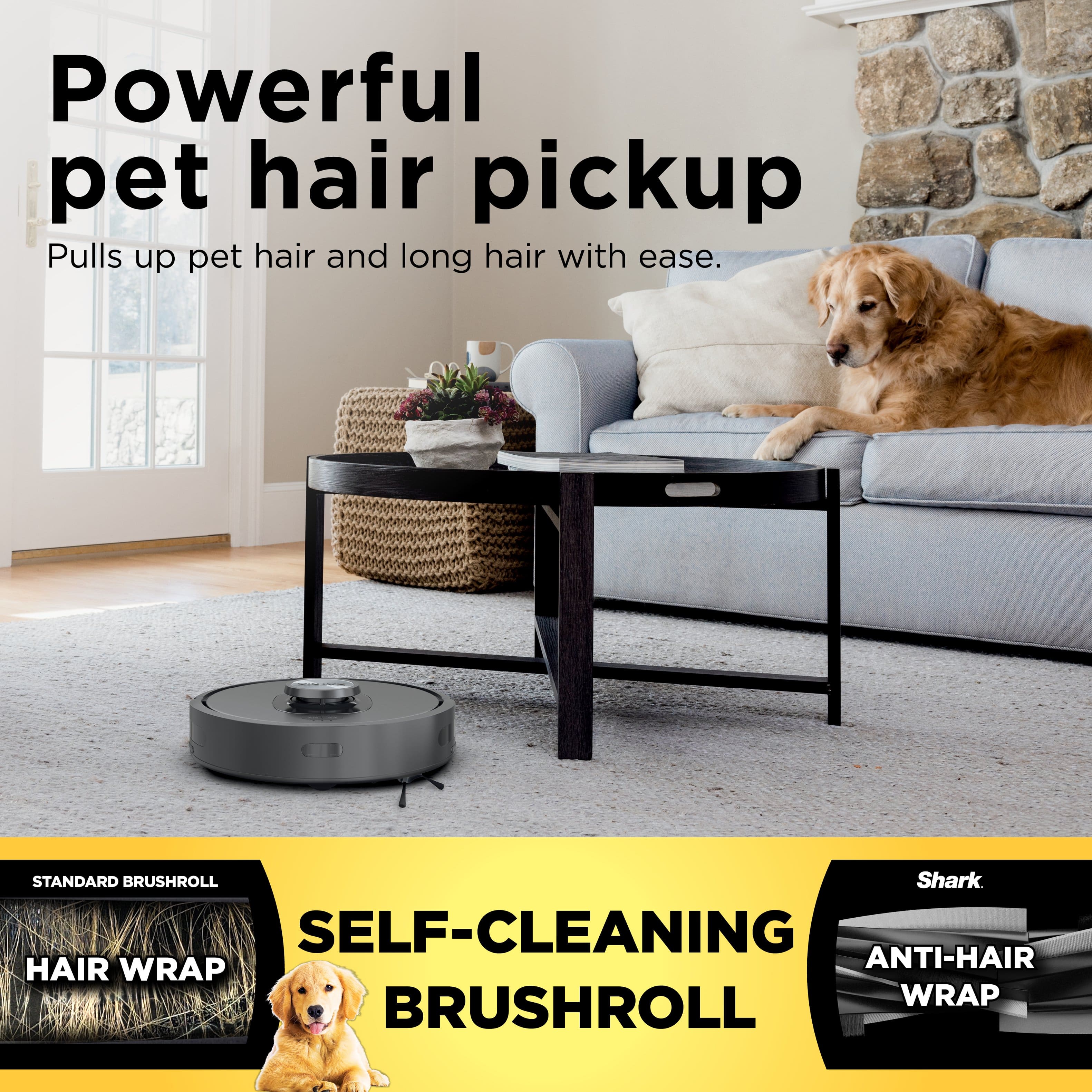 The text on the image is grouped and corrected as follows:
1. Powerful pet hair pickup: Pulls up pet hair and long hair with ease.
2. Standard Brushroll: Shark Self-Cleaning Hair Wrap Anti-Hair Wrap Brushroll.