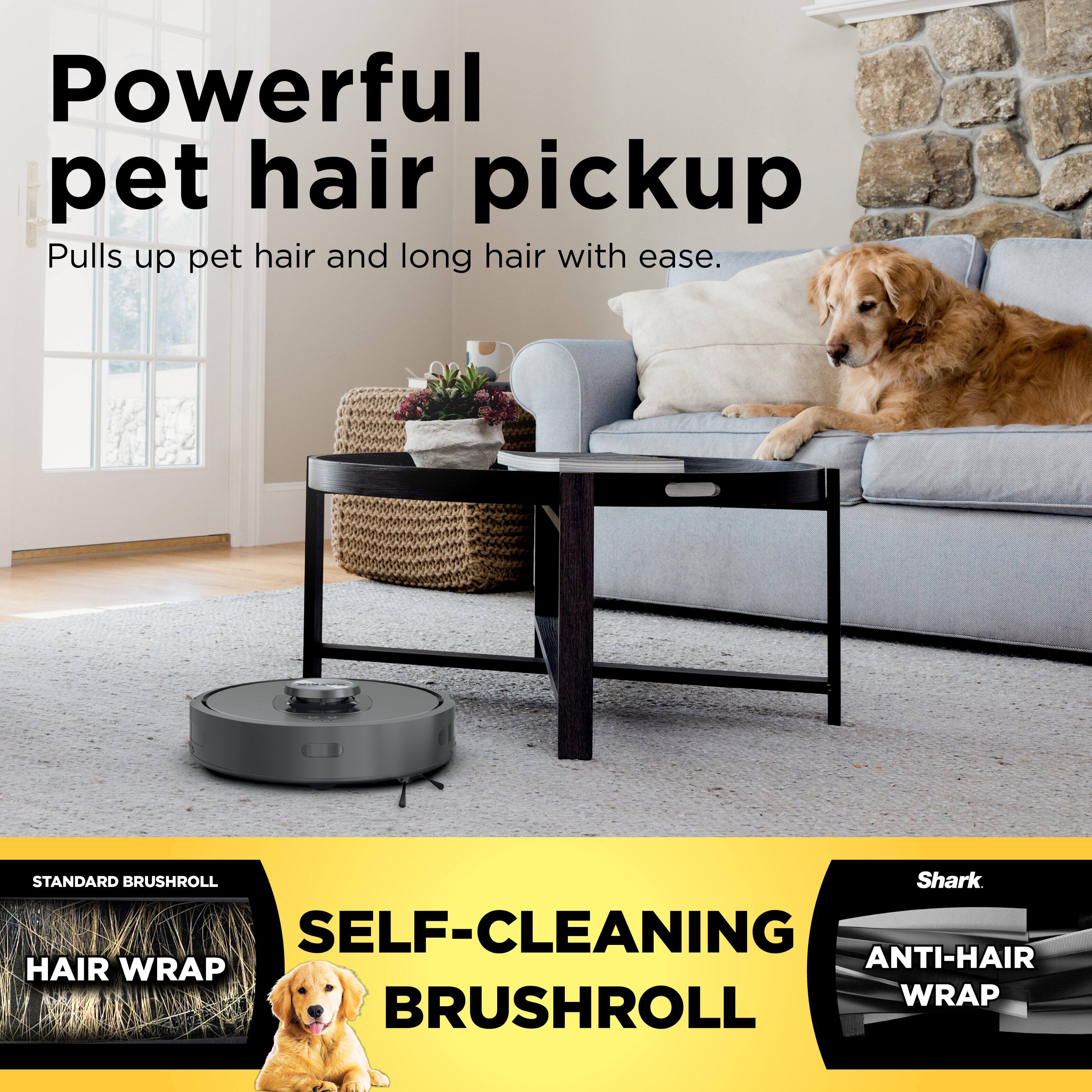 The text on the image is grouped and corrected as follows:

1. Powerful pet hair pickup: Pulls up pet hair and long hair with ease.
2. Standard Brushroll: Shark Self-Cleaning Hair Wrap Anti-Hair Wrap Brushroll.