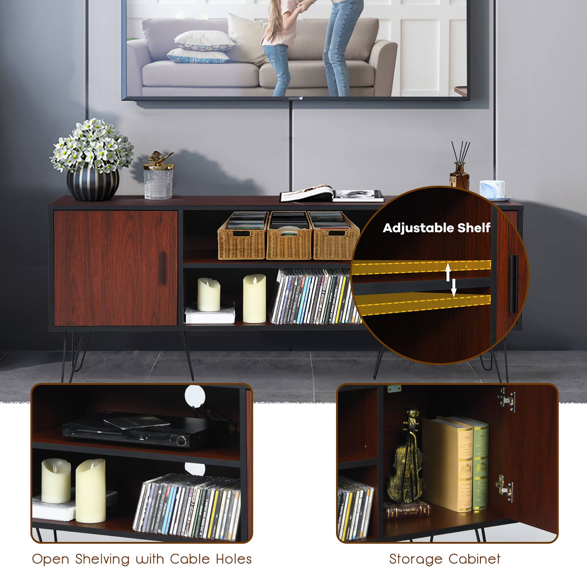 Adjustable Shelf: Open Shelving with Cable Holes Storage Cabinet