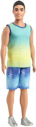 Mattel - Barbie Ken Fashionista with Black Hair, Wearing Blue and Green Ombre Tank with Jean Shorts - COLLECTIBLES - Multicolor