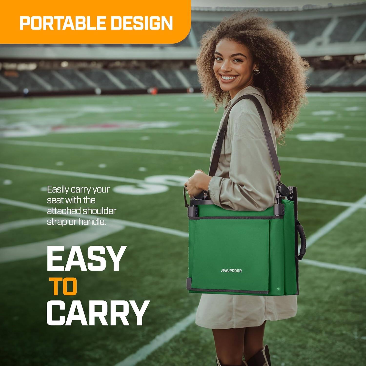 PORTABLE DESIGN

Easily carry your seat with the attached shoulder strap or handle.

EASY TO CARRY

ALPCOUR