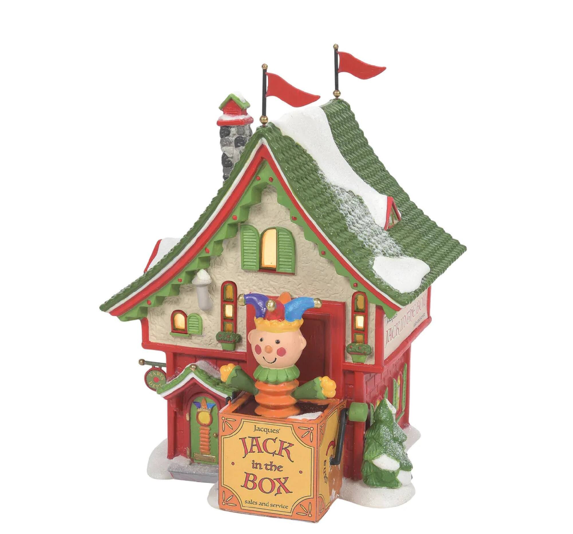 Department 56 - North Pole Lighted Christmas Jacques Jack In The Box Shop #6011411 - Green