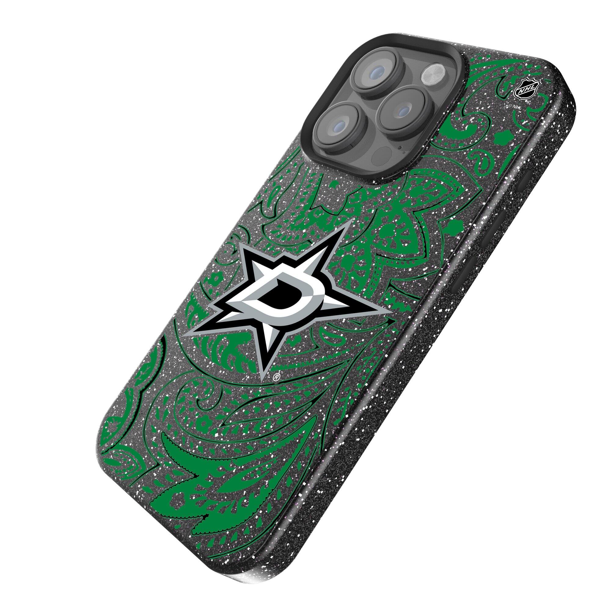 Alt View 1. Keyscaper - Black Dallas Stars Paisley Bling iPhone Case - 14 Pro Max - Black.