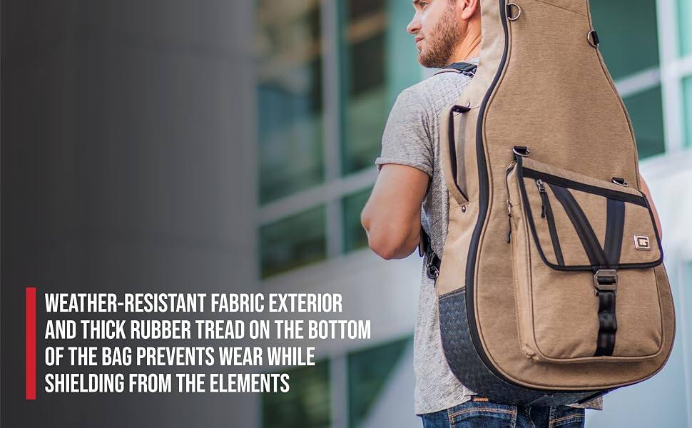 WEATHER-RESISTANT FABRIC EXTERIOR AND THICK RUBBER TREAD ON THE BOTTOM OF THE BAG PREVENTS WEAR WHILE SHIELDING FROM THE ELEMENTS