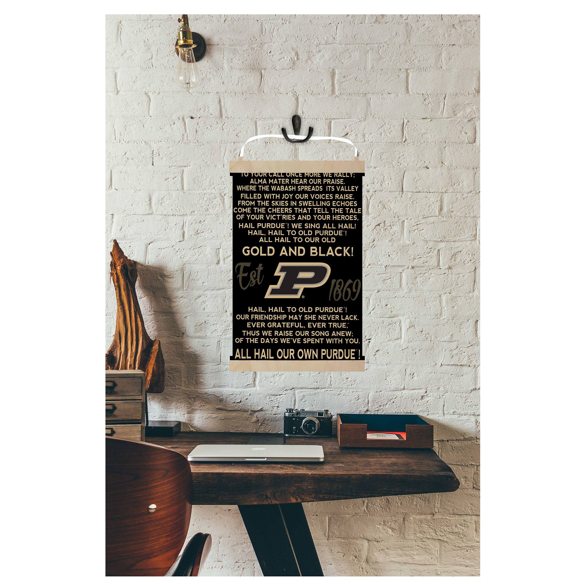 To our call of rally,  
Alma Mater, hear our praise,  
Where the Wabash spreads its valley,  
Filled with joy our voices raise.  
From the skies in swelling echoes,  
Come the cheers that tell the tale  
Of your victories and your heroes,  
Hail Purdue! We sing all hail!  
Hail, hail to old Purdue!  
All hail to our old gold and black!  

Est. 1869  

Hail, hail to old Purdue!  
Our friendship may she never lack,  
Ever grateful, ever true.  
Thus we raise our song anew:  
Of the days we've spent with you.  
All hail our own Purdue!  

Hail, hail to old Purdue!  
May she never lack,  
Full, ever true;  
Our song with you,  
All hail our own Purdue!