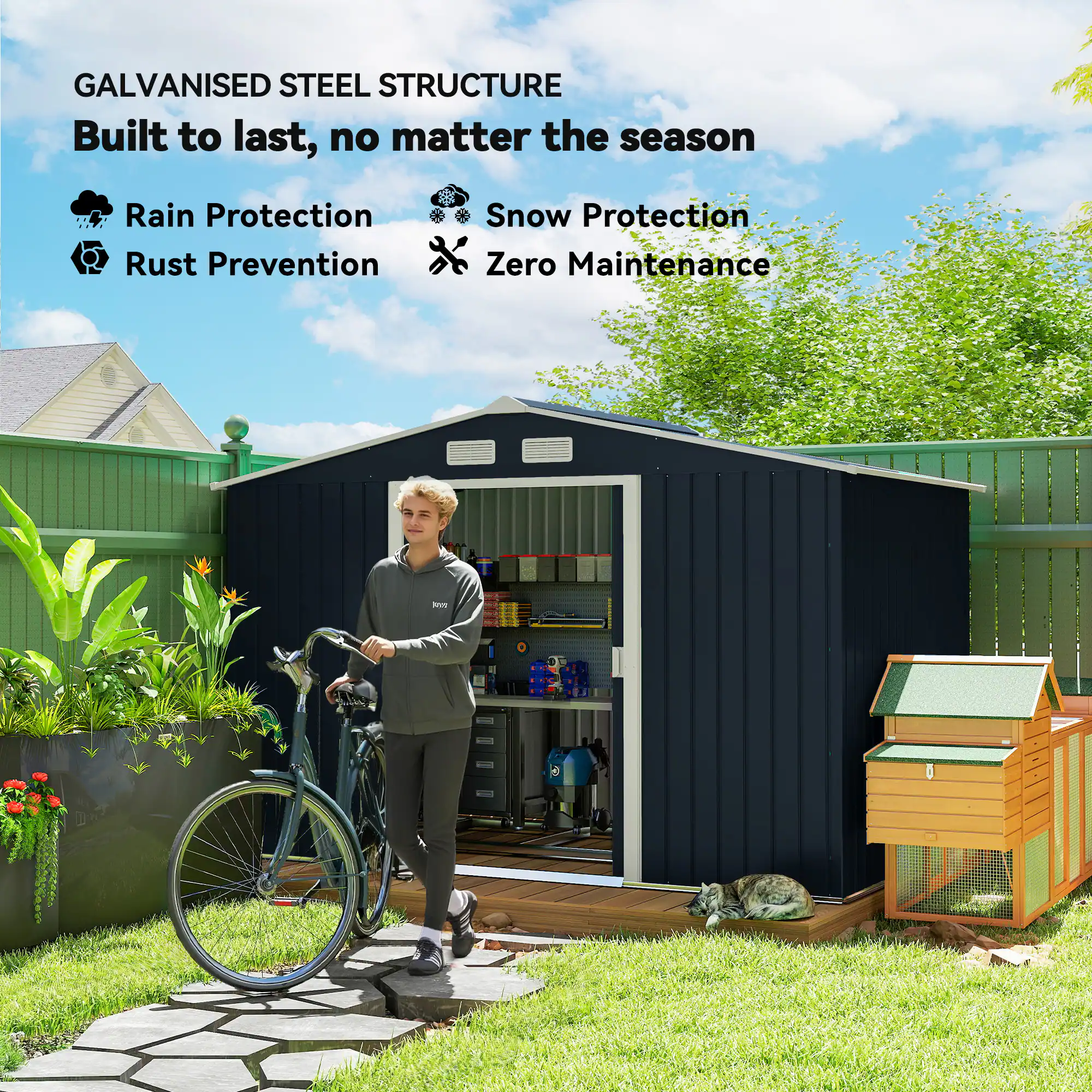 GALVANISED STEEL STRUCTURE  
Built to last, no matter the season  

- Rain Protection  
- Snow Protection  
- Rust Prevention  
- Zero Maintenance