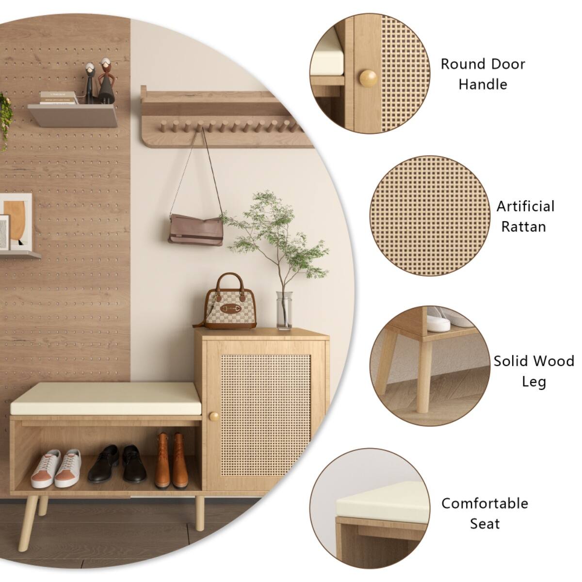 - Round Door Handle
- Artificial Rattan
- Solid Wood Leg
- Comfortable Seat