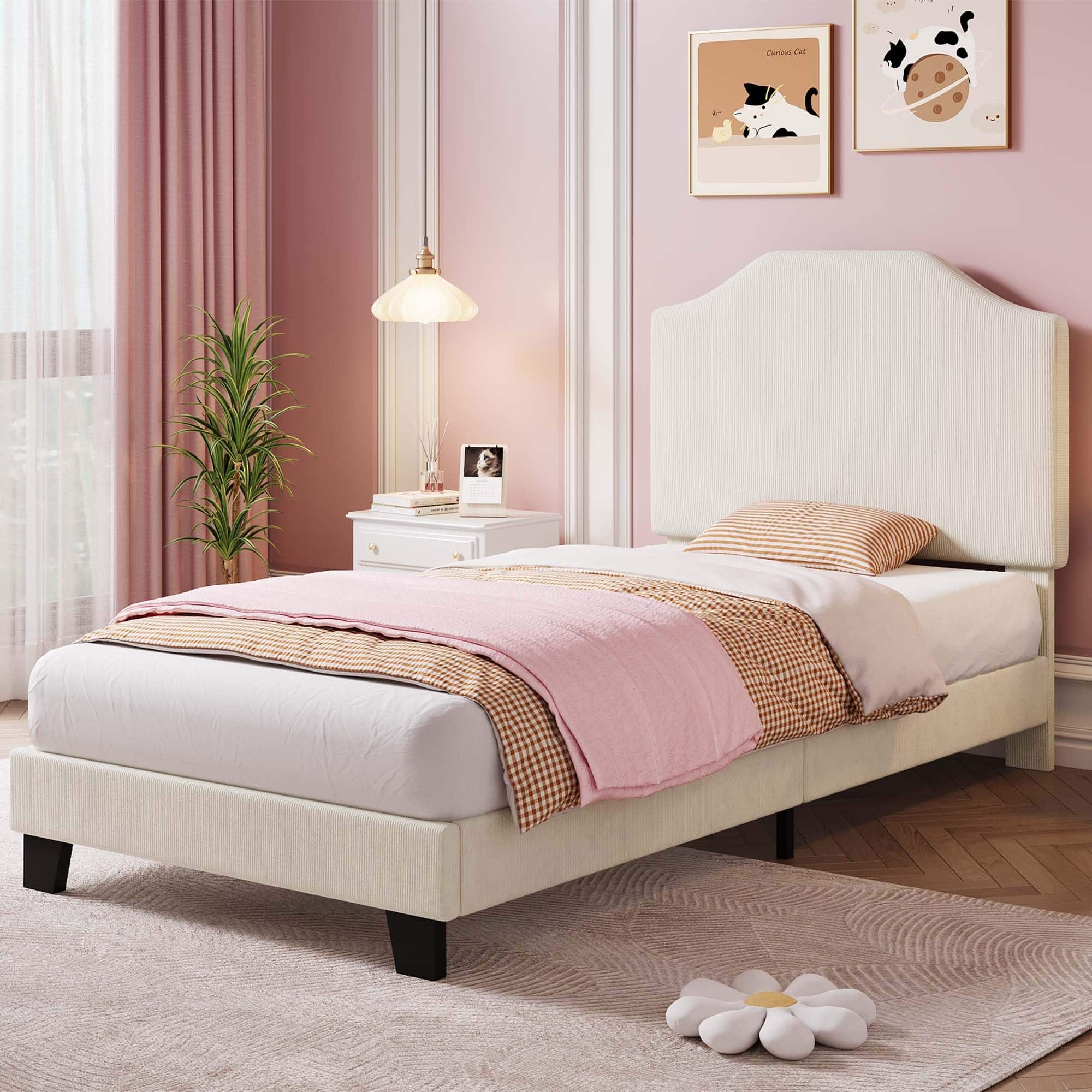 Acekool - Twin Size Velvet Bed Frame, Corduroy Upholstered Twin Bed Frames Platform - Beige