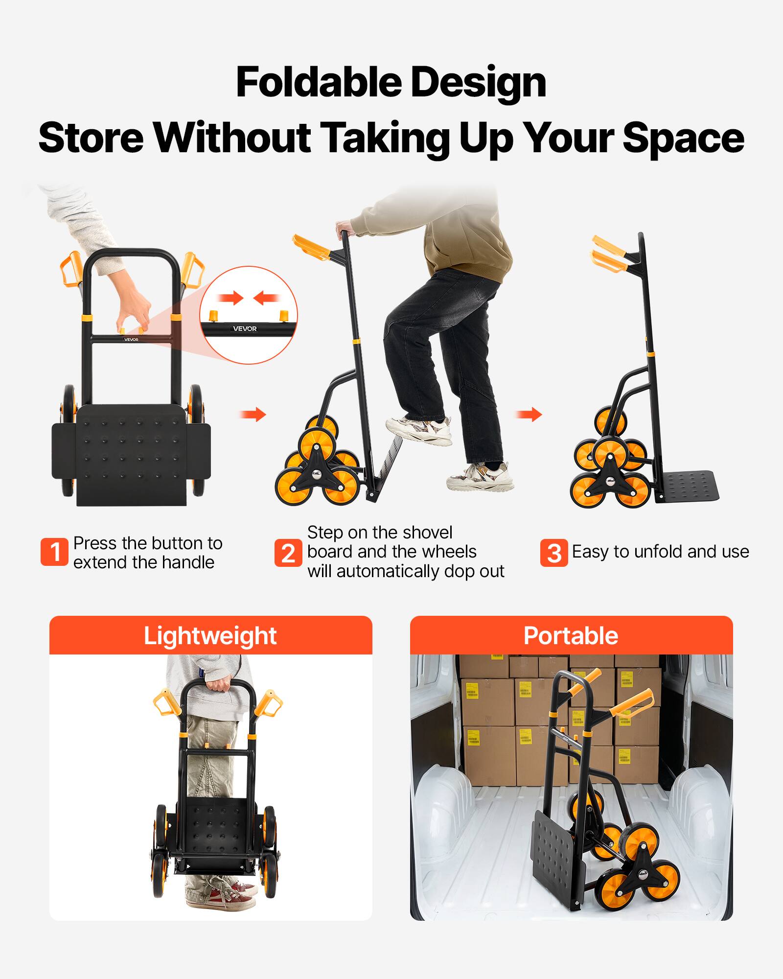 Foldable Design Store Without Taking Up Your Space

1. Press the button to extend the handle
2. Step on the shovel board and the wheels will automatically drop out
3. Easy to unfold and use

Lightweight Portable