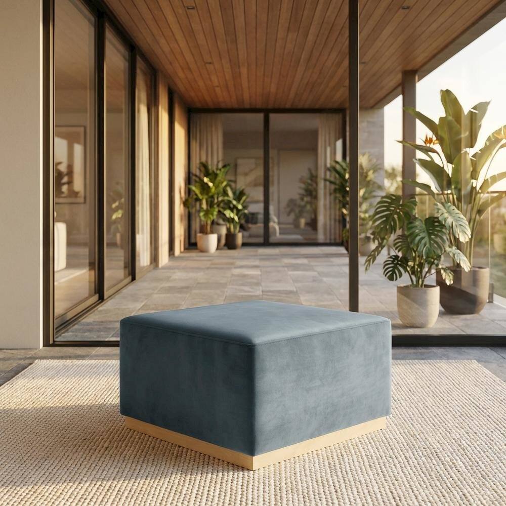 Angle. Outdoor Escape - Square Velvet Ottoman With Modern Design For Outdoor Use - Blue.