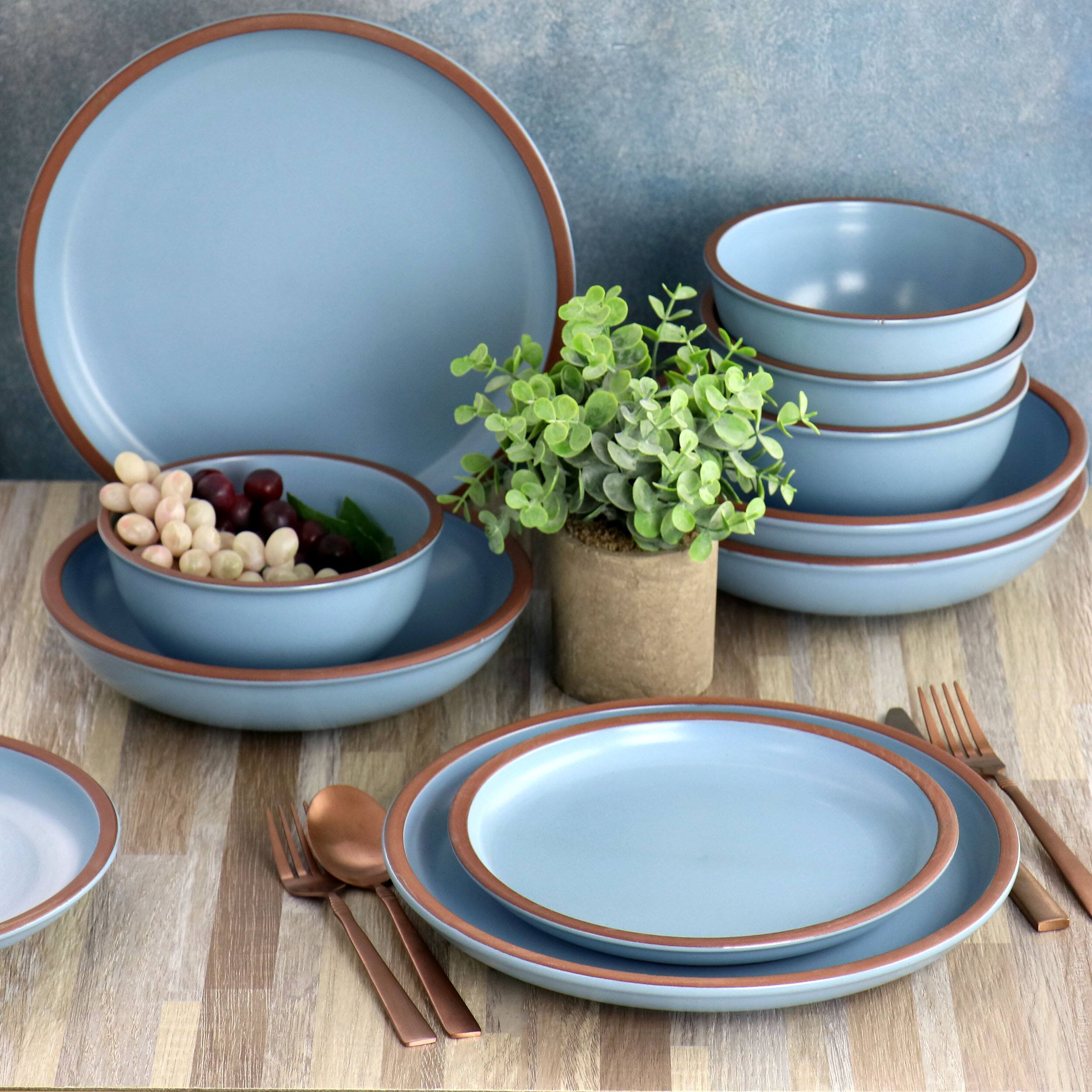 Alt View 7. Gibson - Soho Lounge Lagos 16 Piece Terracotta Double Bowl Dinnerware Set in Solid Matte Blue - Matte Blue.
