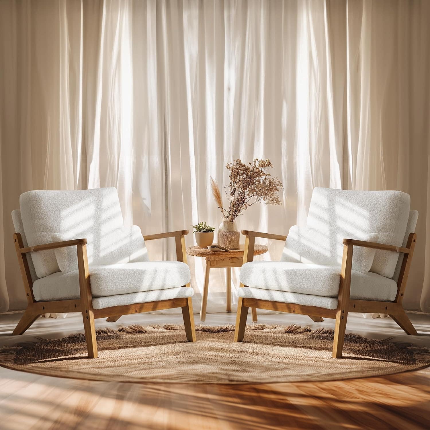 Winado - Set of 2 Solid Wood Wide Armrests Accent Mid Century Modern Chair,with Pillow,Reading Chair for Living Room,Bedroom - Teddy Fleece-White