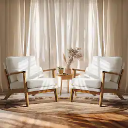 Winado - Set of 2 Solid Wood Wide Armrests Accent Mid Century Modern Chair,with Pillow,Reading Chair for Living Room,Bedroom - Teddy Fleece-White