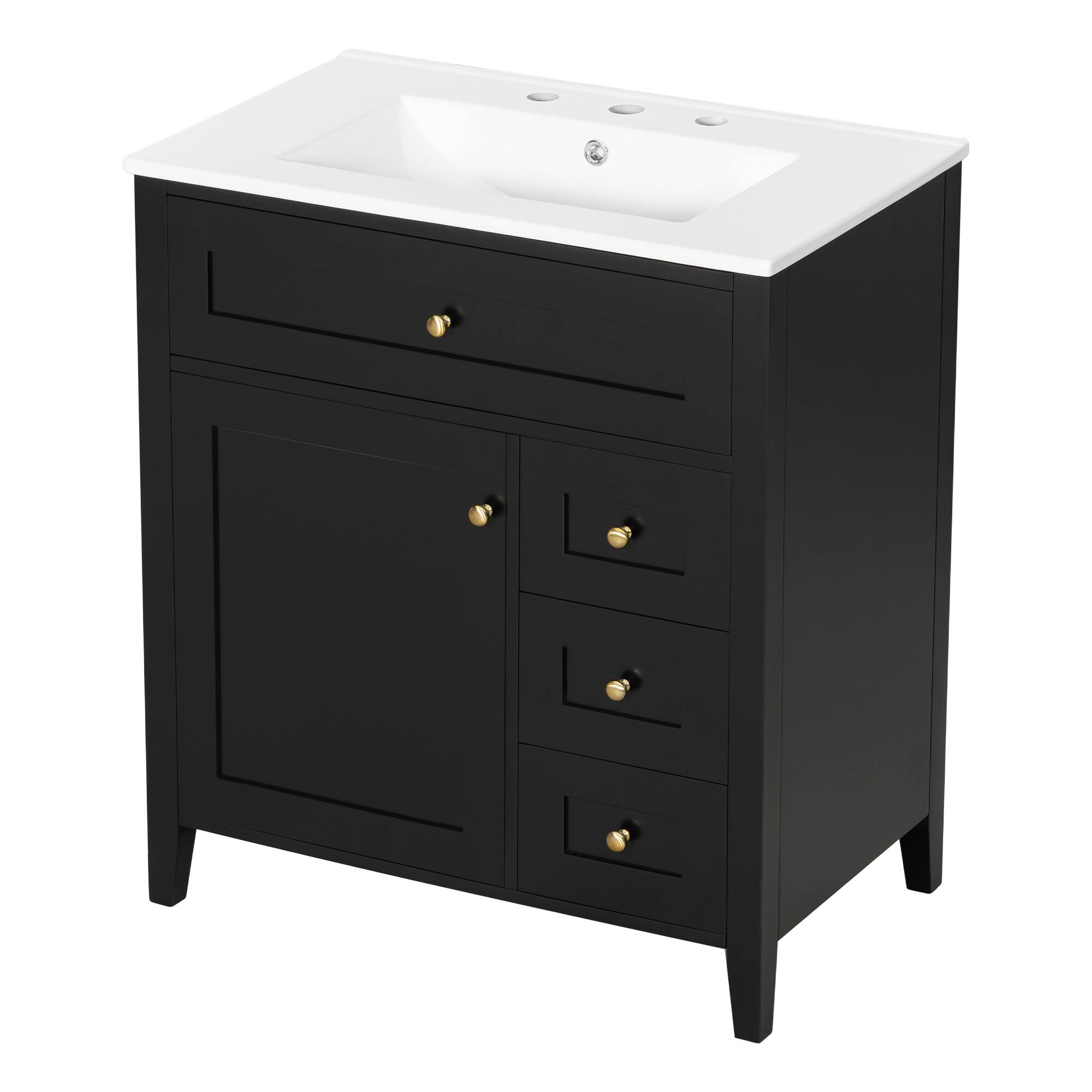 Left. Whisen - 30 Inch Bathroom Vanity with Ceramic Sink Combo Modern 3 Drawer 1 Left Door Storage Cabinet Freestanding - Black.