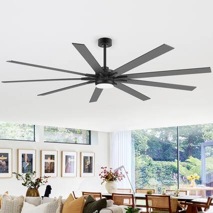 Front. Breezary - 84-Inch LED Ceiling Fan with 9 Blades, 24W LED Light, DC Motor, 6 Speeds, Memory Function, Timer, Remote, Downrod Mount - Black.