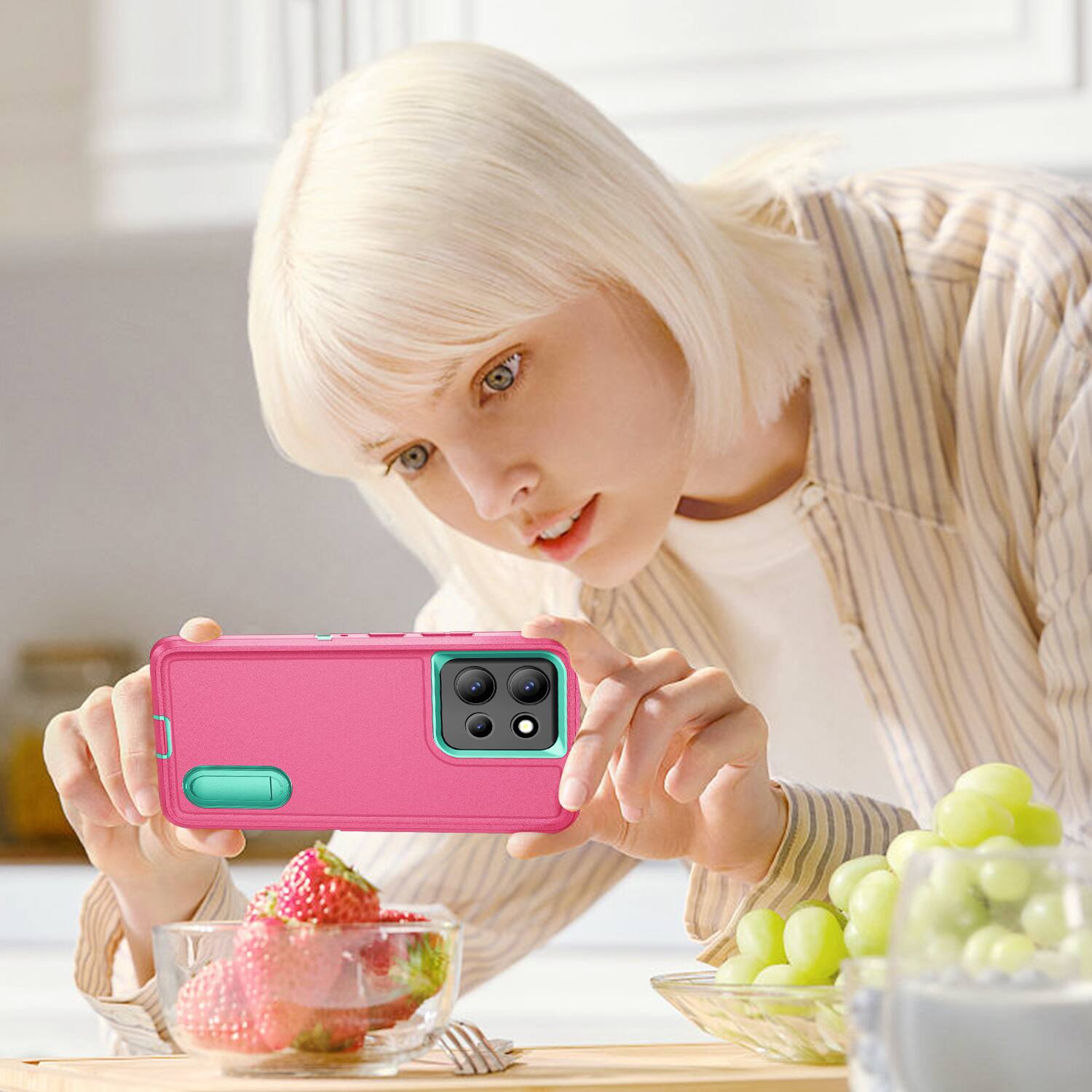 Alt View 4. Dteck - Heavy Duty Case for Motorola G Power 5G (2025) w/ Foldable Kickstand,Dual-Layer Shockproof Hard PC Soft Silicone Cover - Rose/Mint.