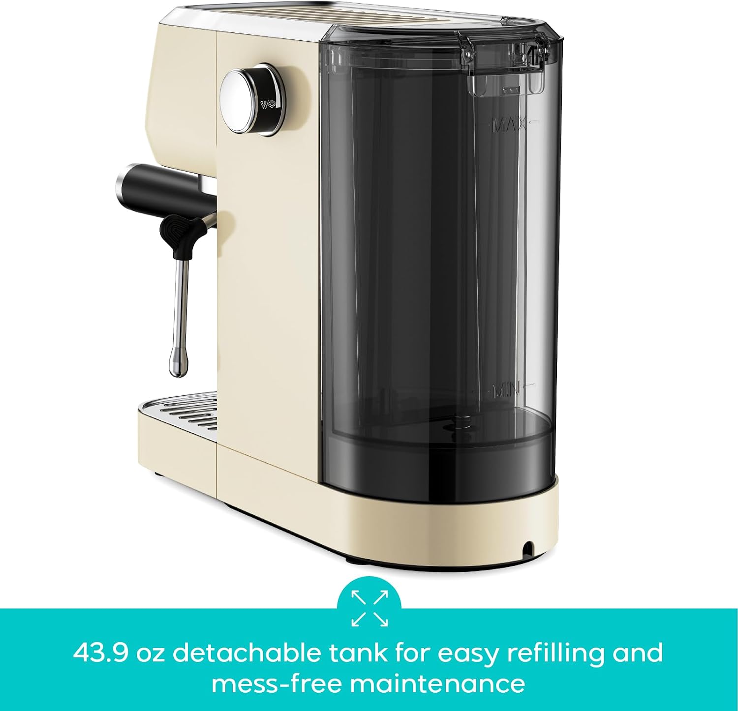 43.9 oz detachable tank for easy refilling and mess-free maintenance