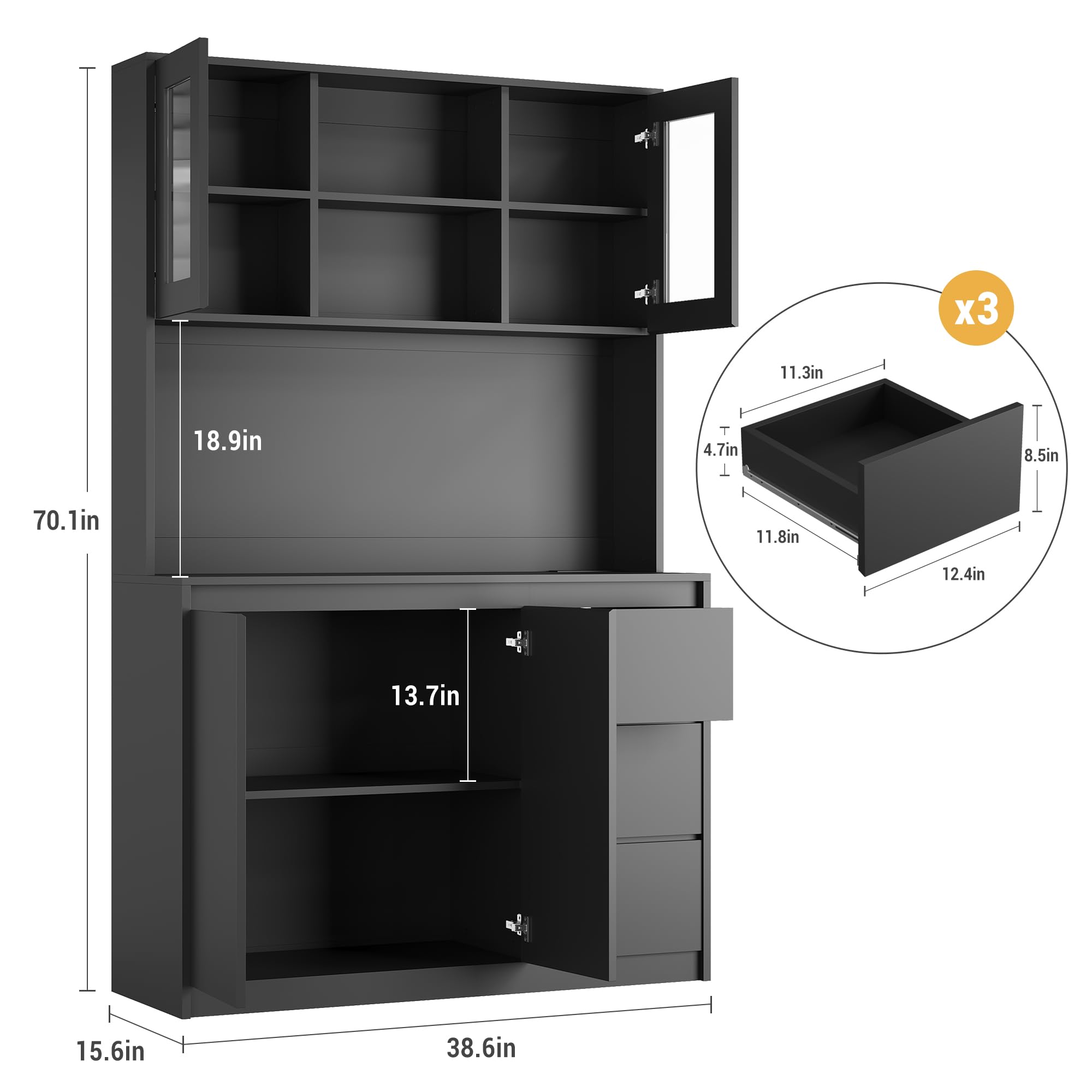 - Height: 70.1in
- Width: 38.6in
- Depth: 15.6in
- Top shelf height: 18.9in
- Middle shelf height: 13.7in
- Bottom shelf height: 11.8in
- Drawer height: 4.7in
- Drawer width: 11.3in
- Drawer depth: 12.4in
- Cube dimensions (x3): 11.3in x 8.5in x 4.7in