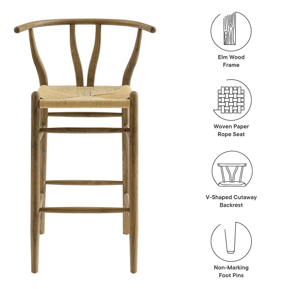 Elm Wood Frame  
Woven Paper Rope Seat  
V-Shaped Cutaway Backrest  
Non-Marking Foot Pins